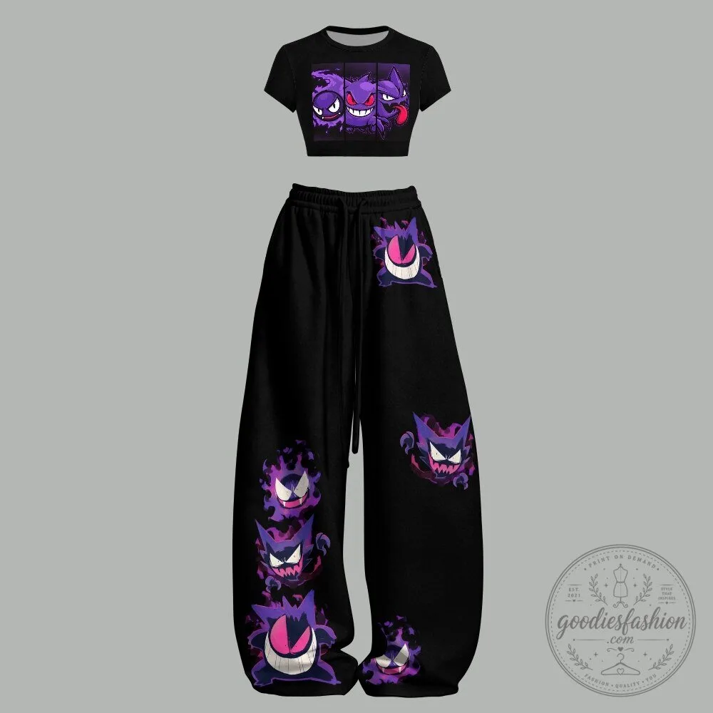 Pokemon Gengar Ghost Type Character Crop Top and Wide Leg Pants Set
