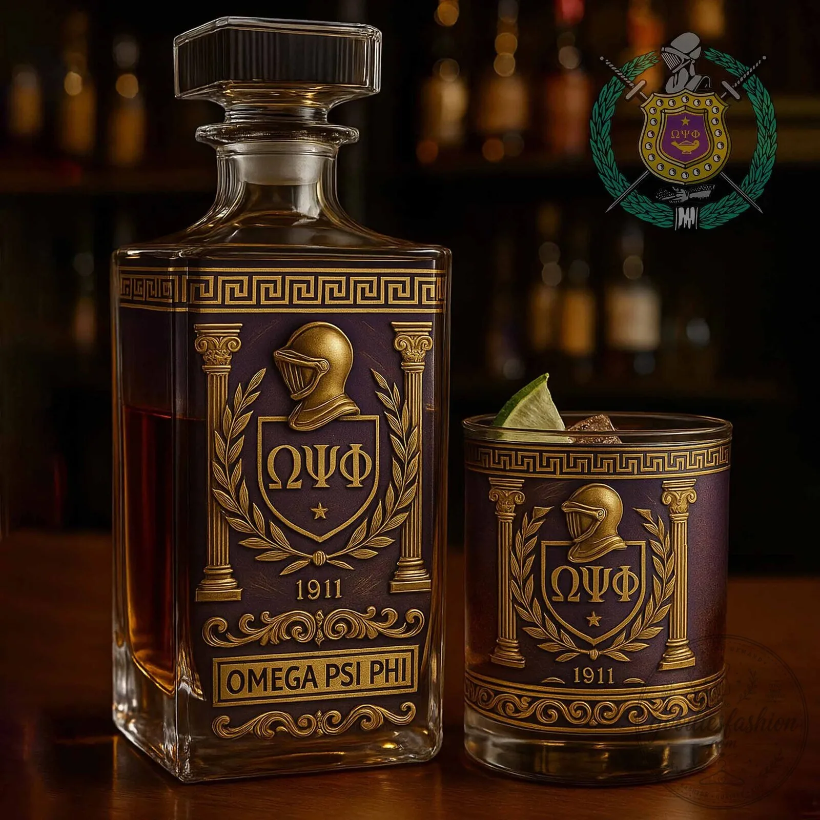Decanter and Whiskey Glass Set for Omega Psi Phi Fraternity 5 Decanter and Whiskey Glass Set for Omega Psi Phi Fraternity