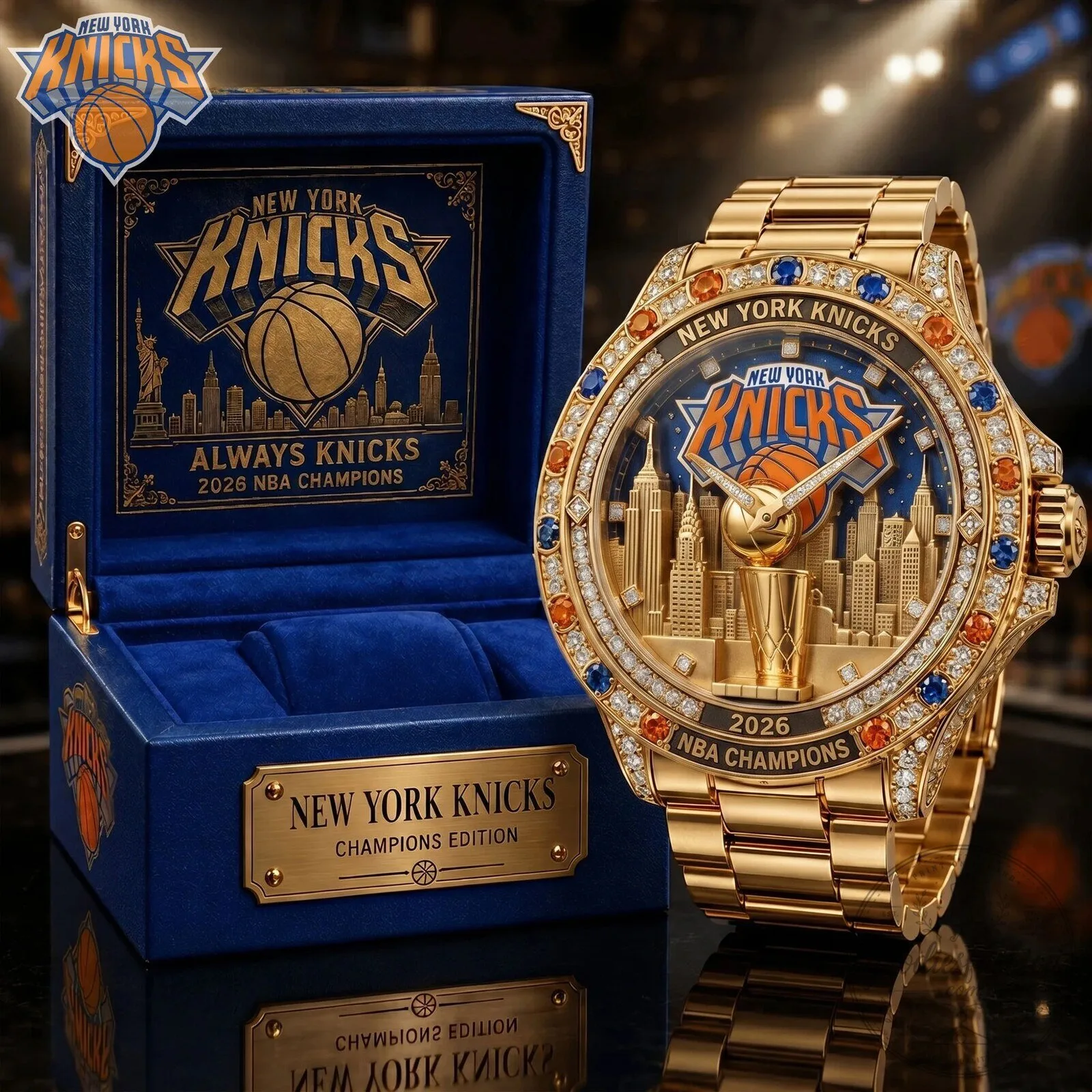 New York Knicks 2026 NBA Champions Gold Tone Diamond Bezel Watch