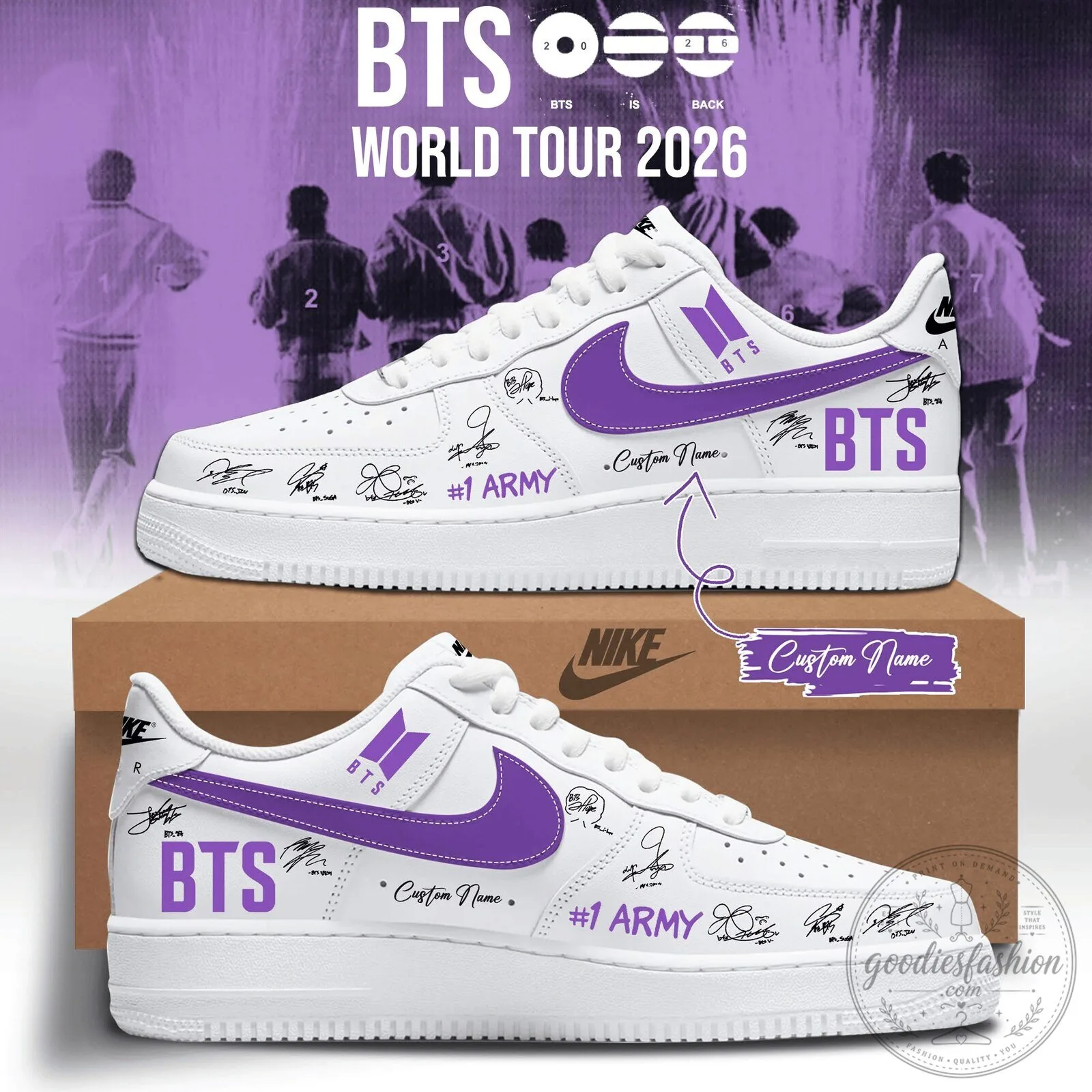 Custom Name White Purple Sneakers for BTS World Tour 2026