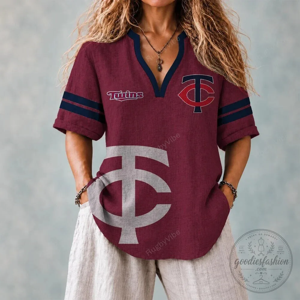 Minnesota Twins Baseball Team Logo Maroon Short Sleeve V-Neck Polo Shirt
