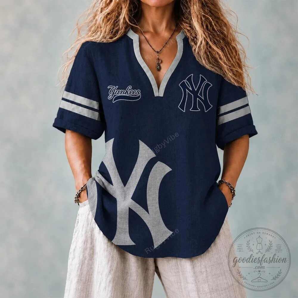 New York Yankees Women's Navy Blue V-Neck Short Sleeve Baseball Top 2 New York Yankees Women's Navy Blue V-Neck Short Sleeve Baseball Top