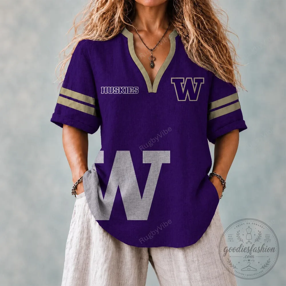 Washington Huskies Women's Purple and Gold Striped V-Neck Shirt