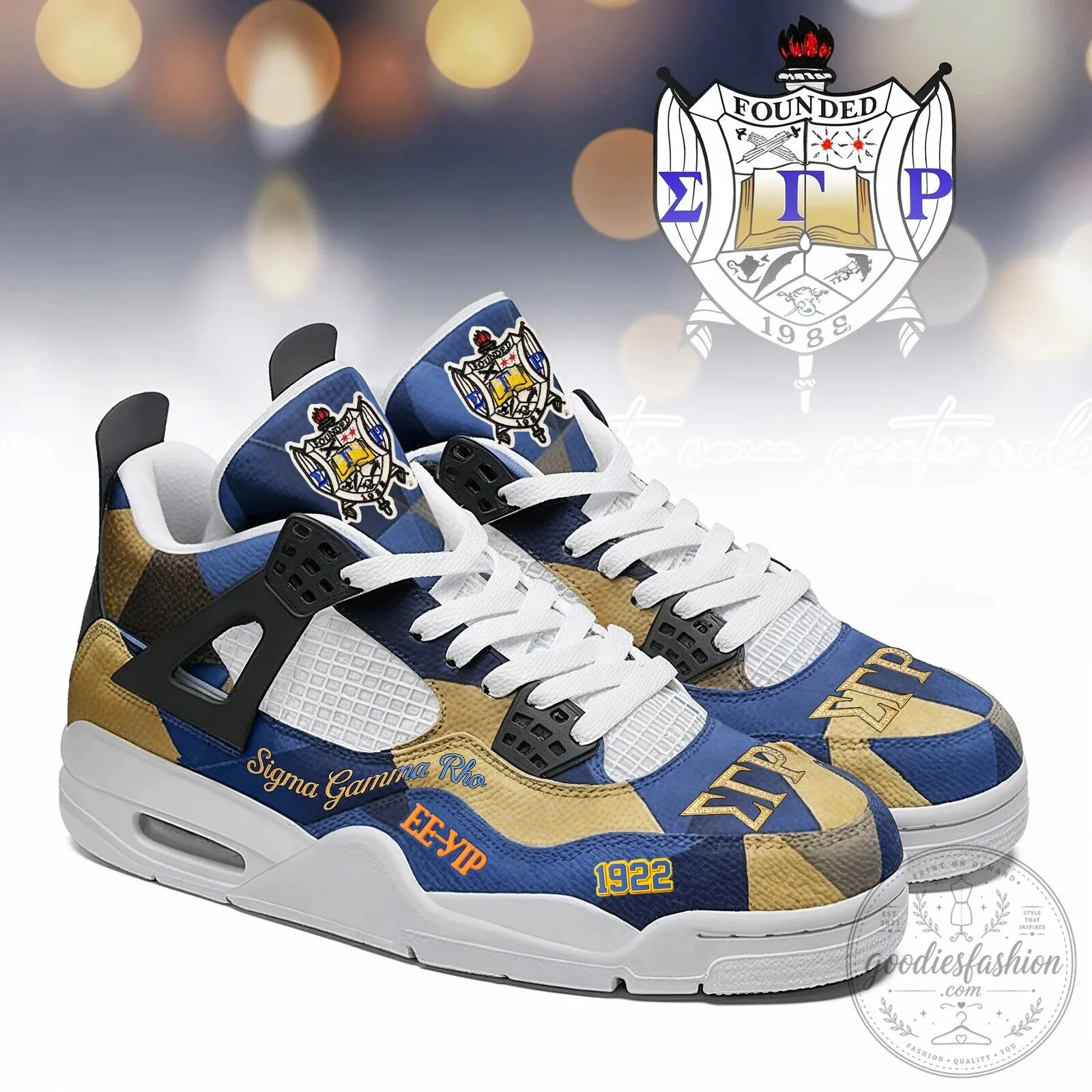 Sigma Gamma Rho Sorority Blue and Gold Patterned Athletic Shoes