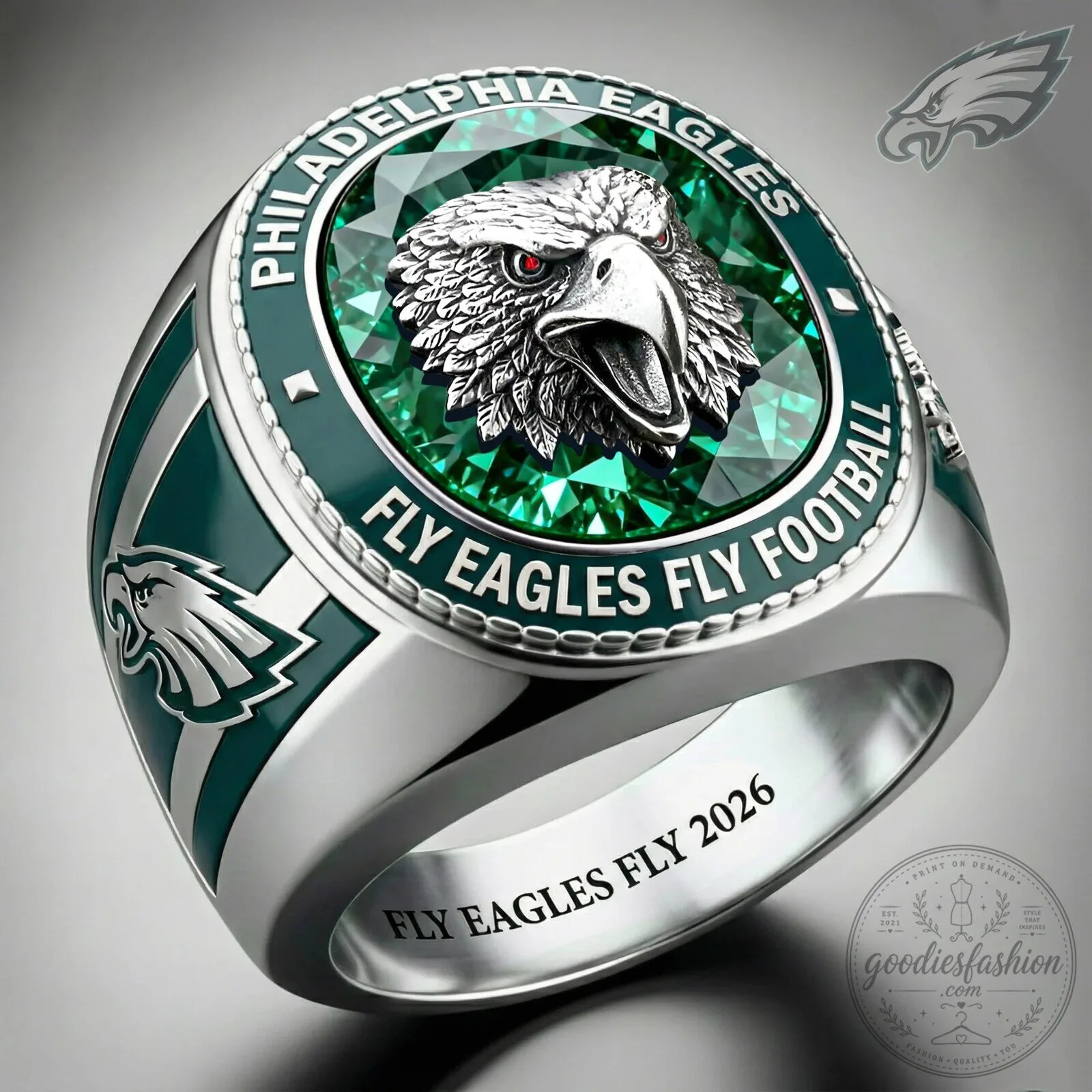 Philadelphia Eagles Football Championship Ring with Emerald Gemstone 1 Philadelphia Eagles Football Championship Ring with Emerald Gemstone