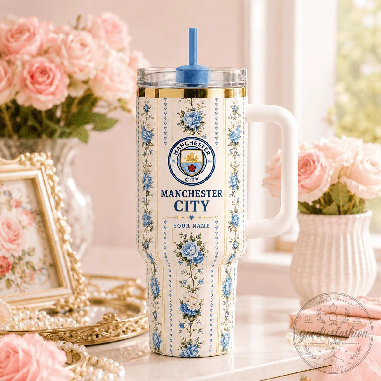 Manchester City Football Club Floral Pattern Insulated Tumbler with Handle 1 Manchester City Football Club Floral Pattern Insulated Tumbler with Handle