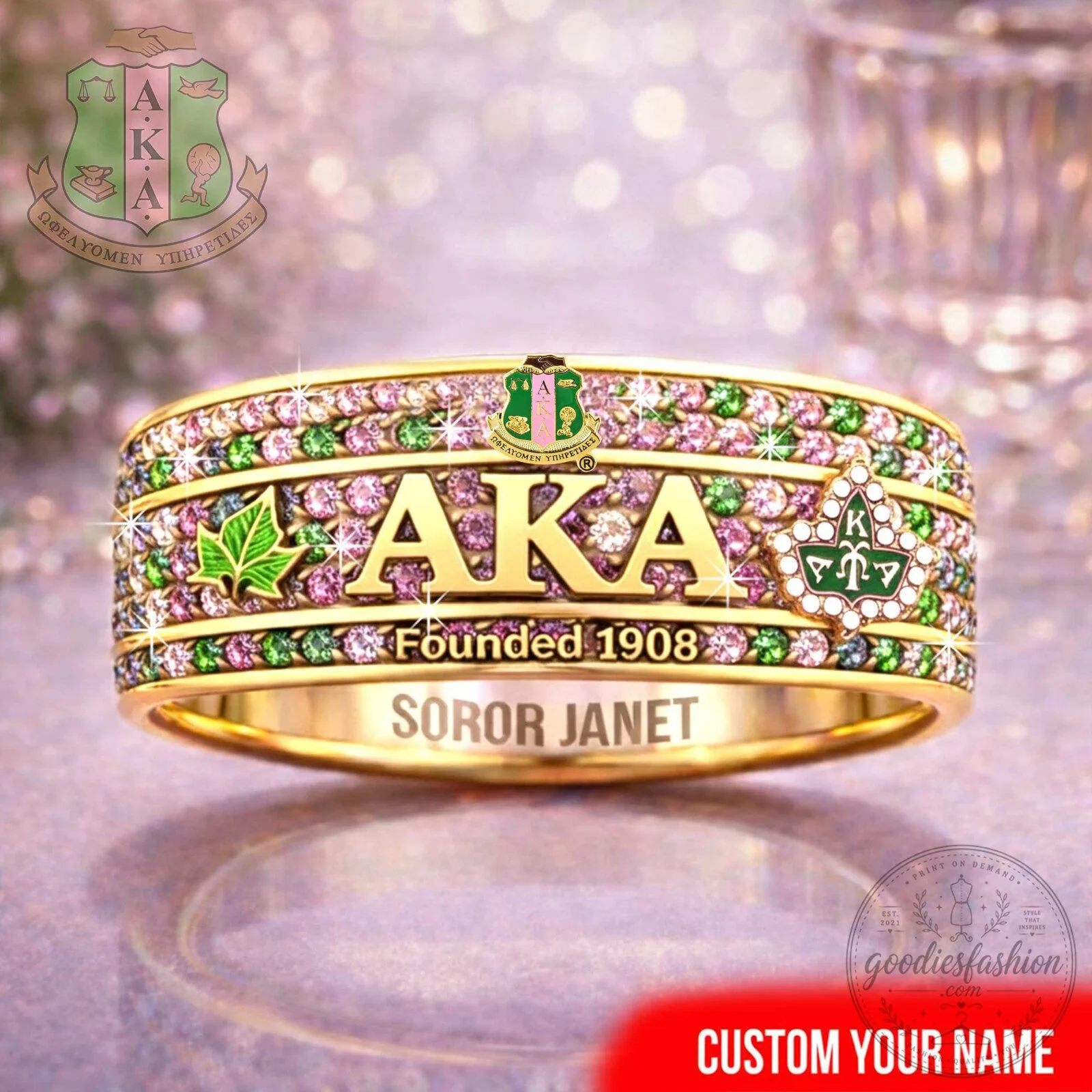 Alpha Kappa Alpha Sorority Founded 1908 Gold Ring with Green and Pink Jewels 2 Alpha Kappa Alpha Sorority Founded 1908 Gold Ring with Green and Pink Jewels