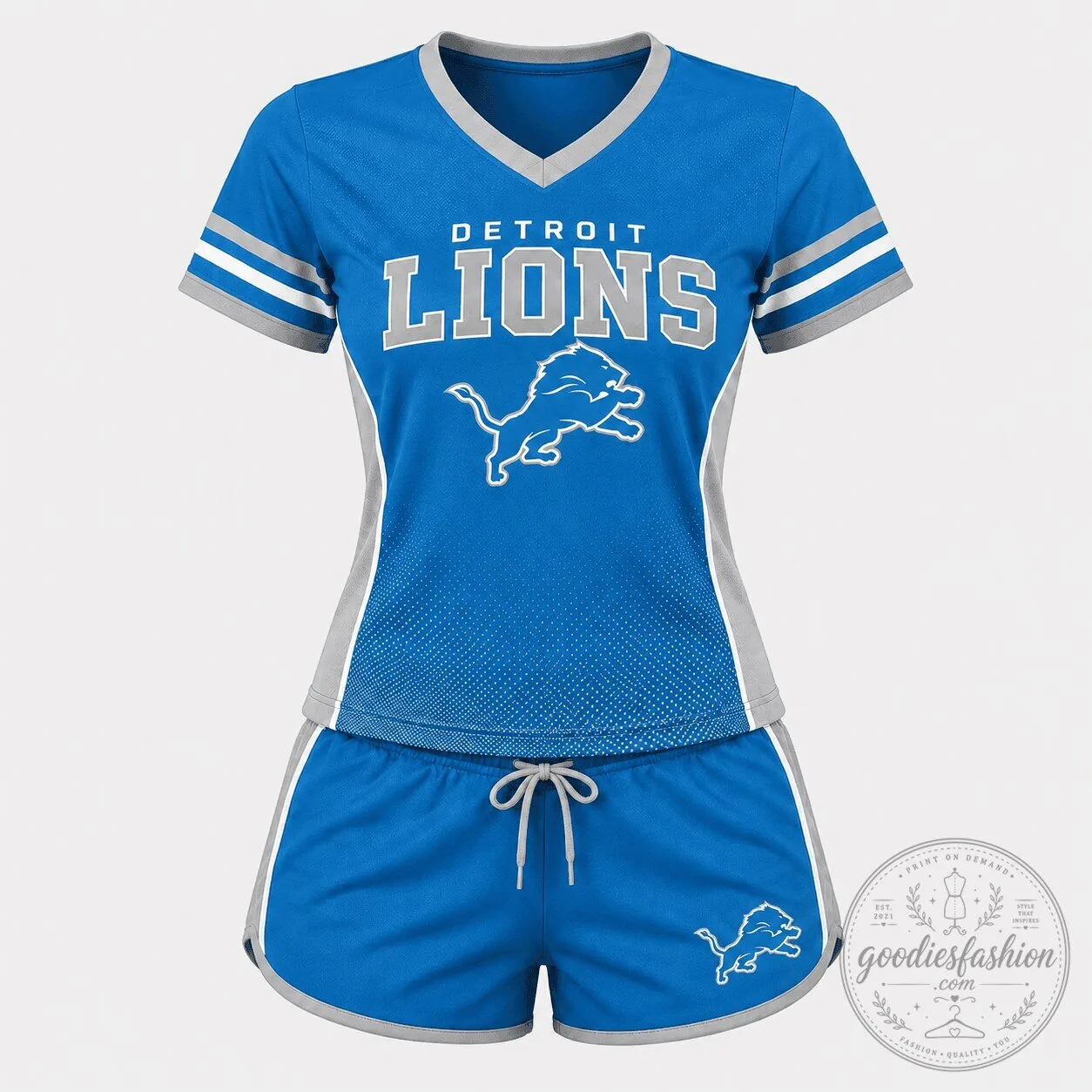 Detroit Lions Women's Blue and Gray V-Neck Top and Shorts Pajama Set 3 Detroit Lions Women's Blue and Gray V-Neck Top and Shorts Pajama Set