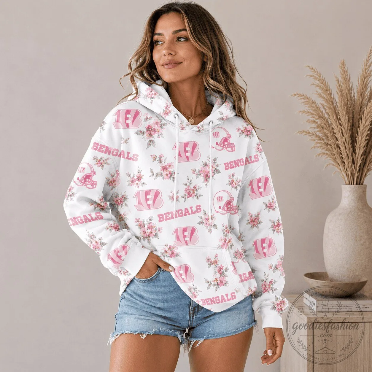 Cincinnati Bengals Pink Floral Pattern NFL Football Team Hoodie for Women
