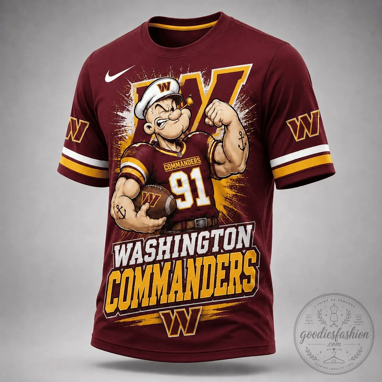 Washington Commanders Popeye Cartoon Football Fan Graphic T-Shirt