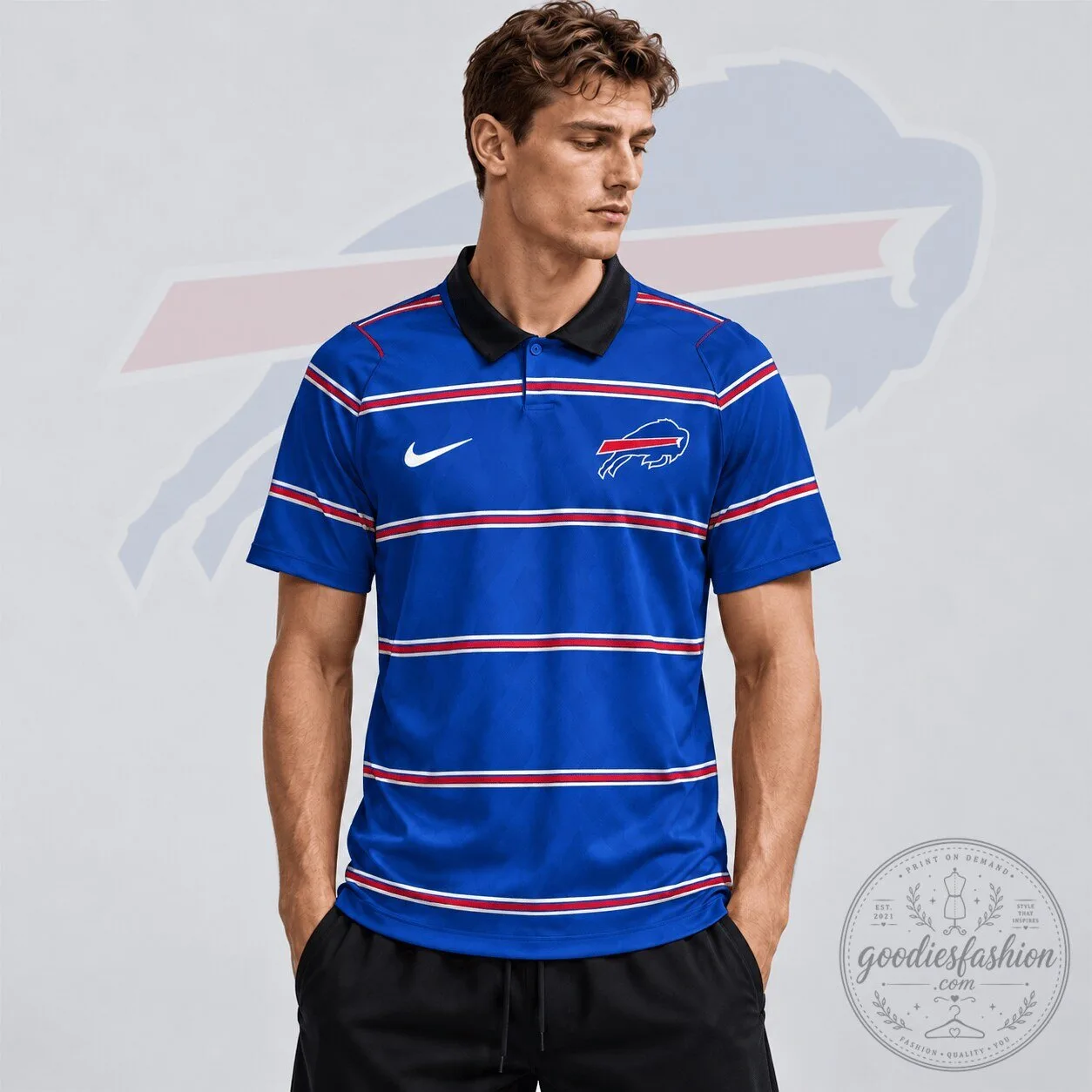 Buffalo Bills NFL Team Crest Classic Horizontal Stripe Performance Polo Shirt