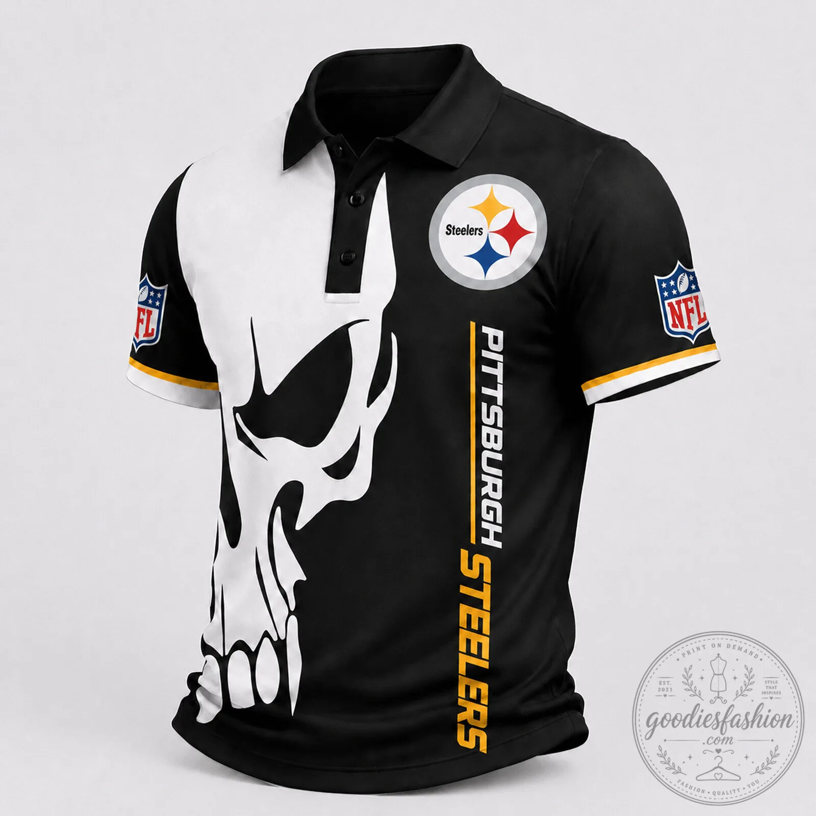 Pittsburgh Steelers Skull Black and White Game Day Polo Shirt