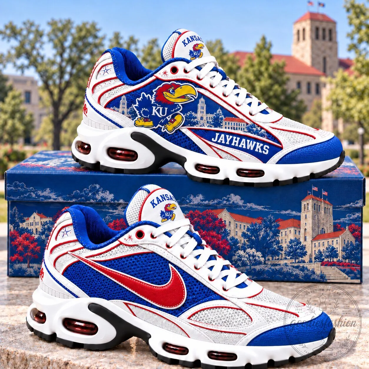 Kansas Jayhawks NCAA Team Logo White and Blue Air Max Style Shoes