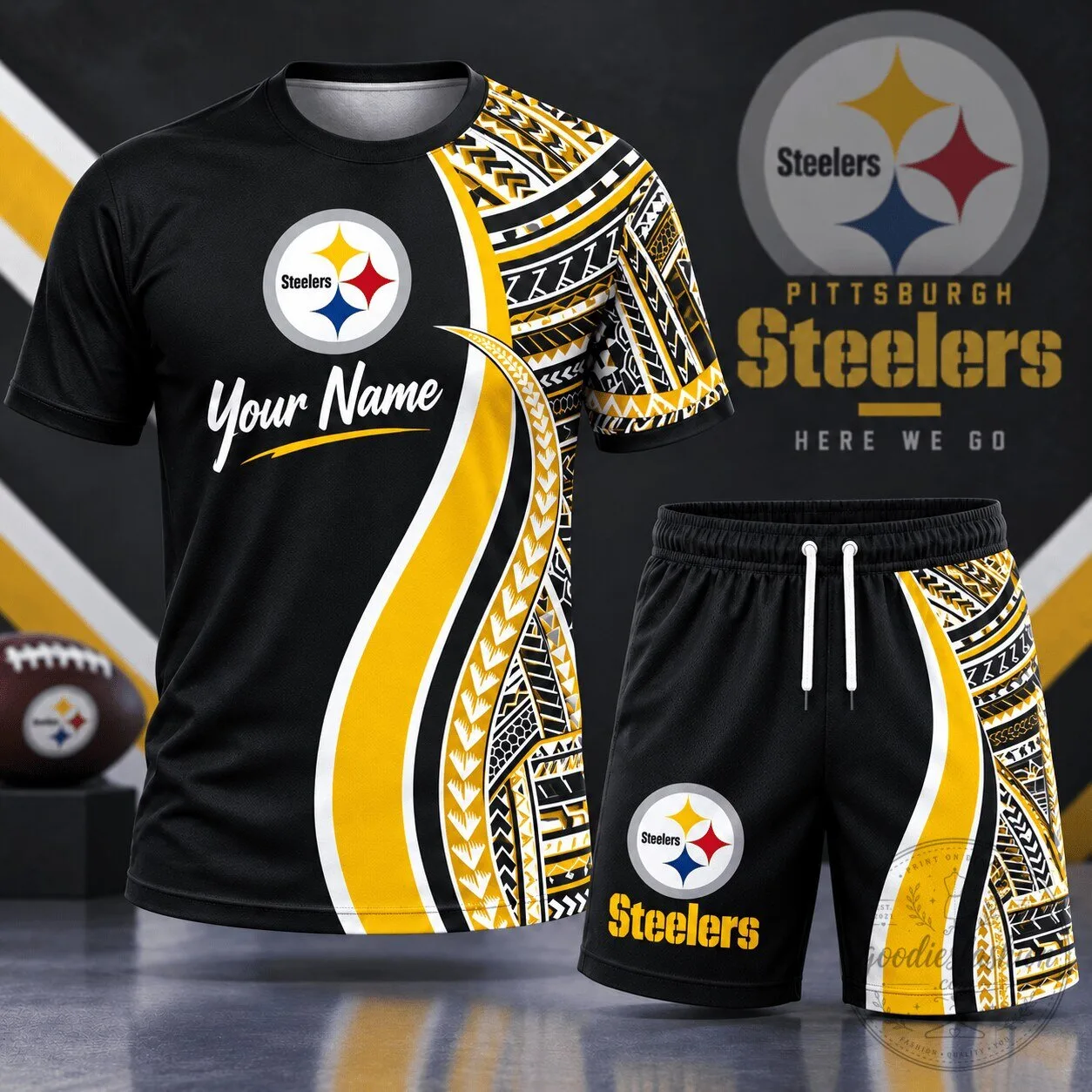 Pittsburgh Steelers Tribal Graphic Custom Name Black and Yellow Football Fan T-Shirt and Shorts Set