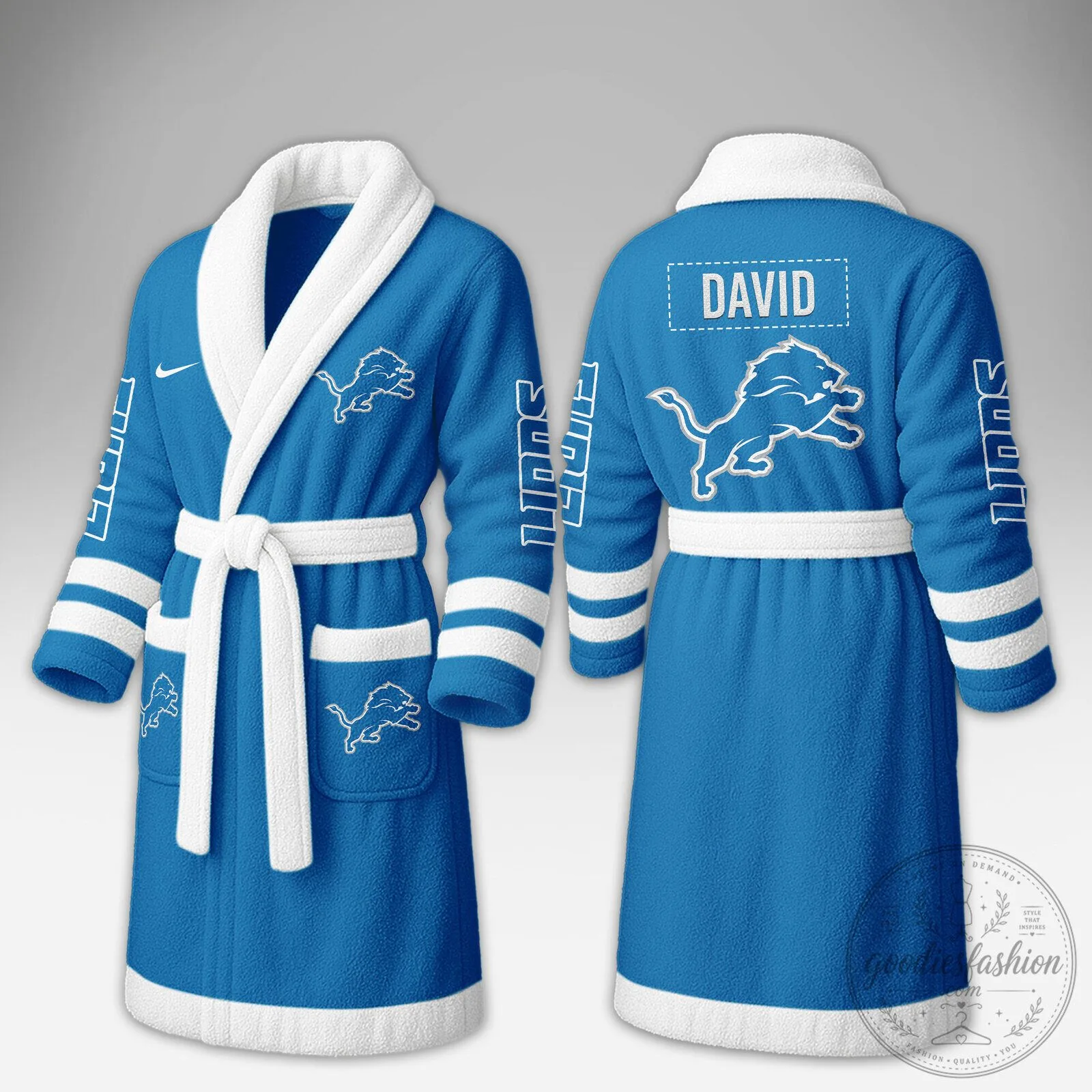 Blue and White Fleece Bathrobe Customizable for Detroit Lions Fans