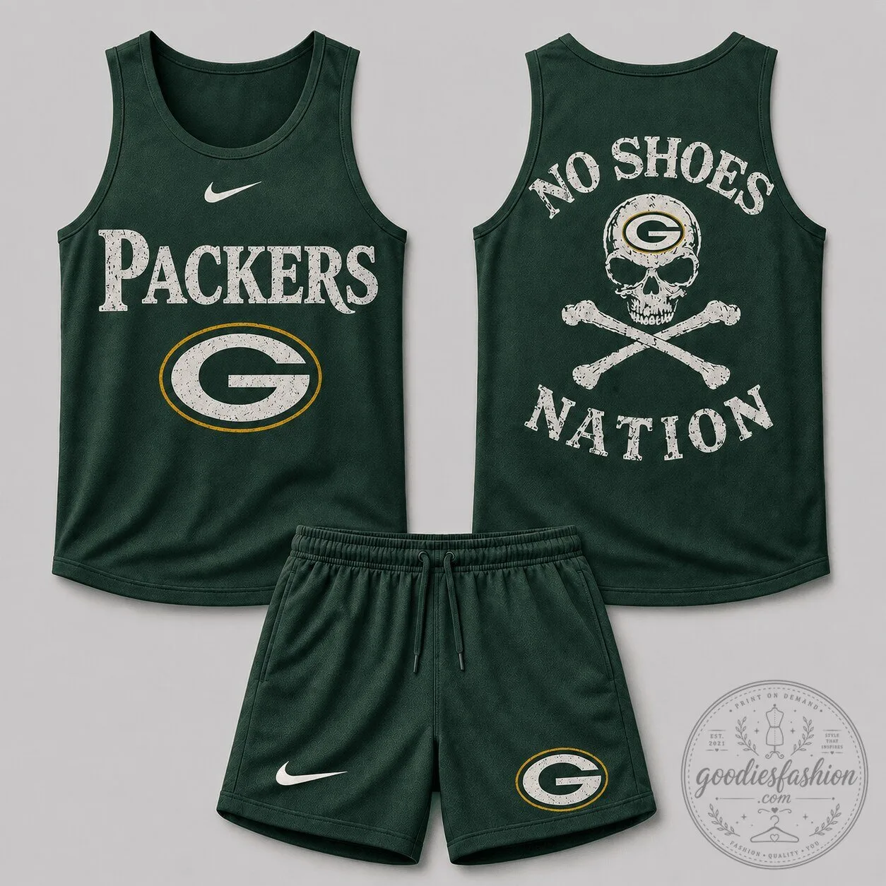Green Bay Packers No Shoes Nation Skull Crossbones Sleeveless Tank Top and Shorts Set