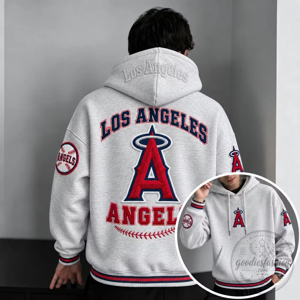 Los Angeles Angels Baseball Team Embroidered Grey Hoodie Los Angeles Angels Baseball Team Embroidered Grey Hoodie