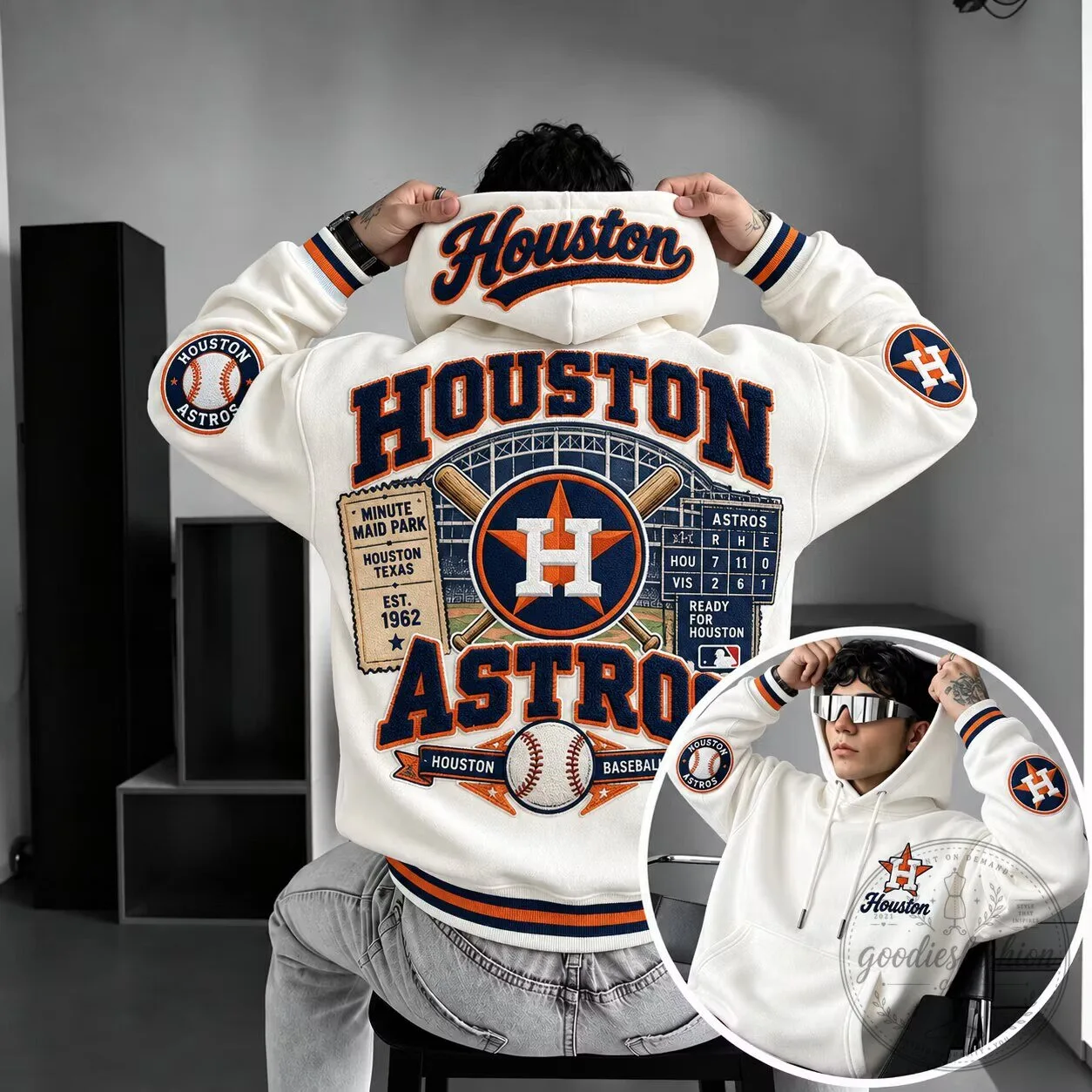 Houston Astros Baseball Team Logo Cream White Oversized Pullover Hoodie