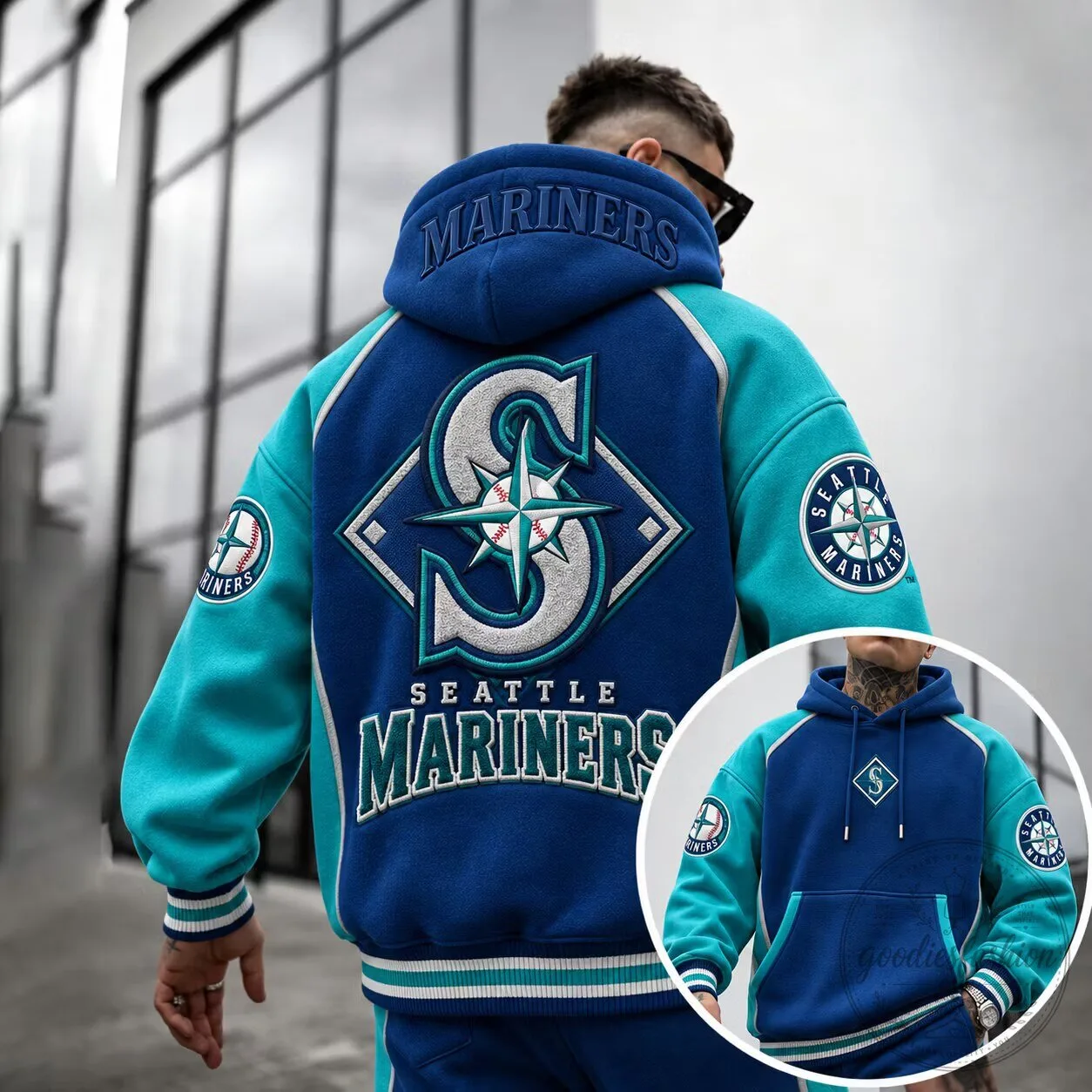 Seattle Mariners Baseball Team Logo Embroidered Blue Oversized Hoodie