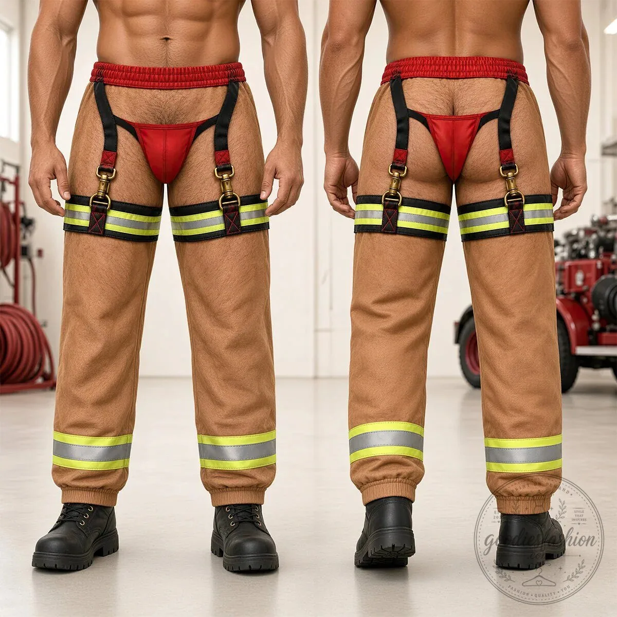 Funny Firefighter Themed Pants with Suspenders and Reflective Strips