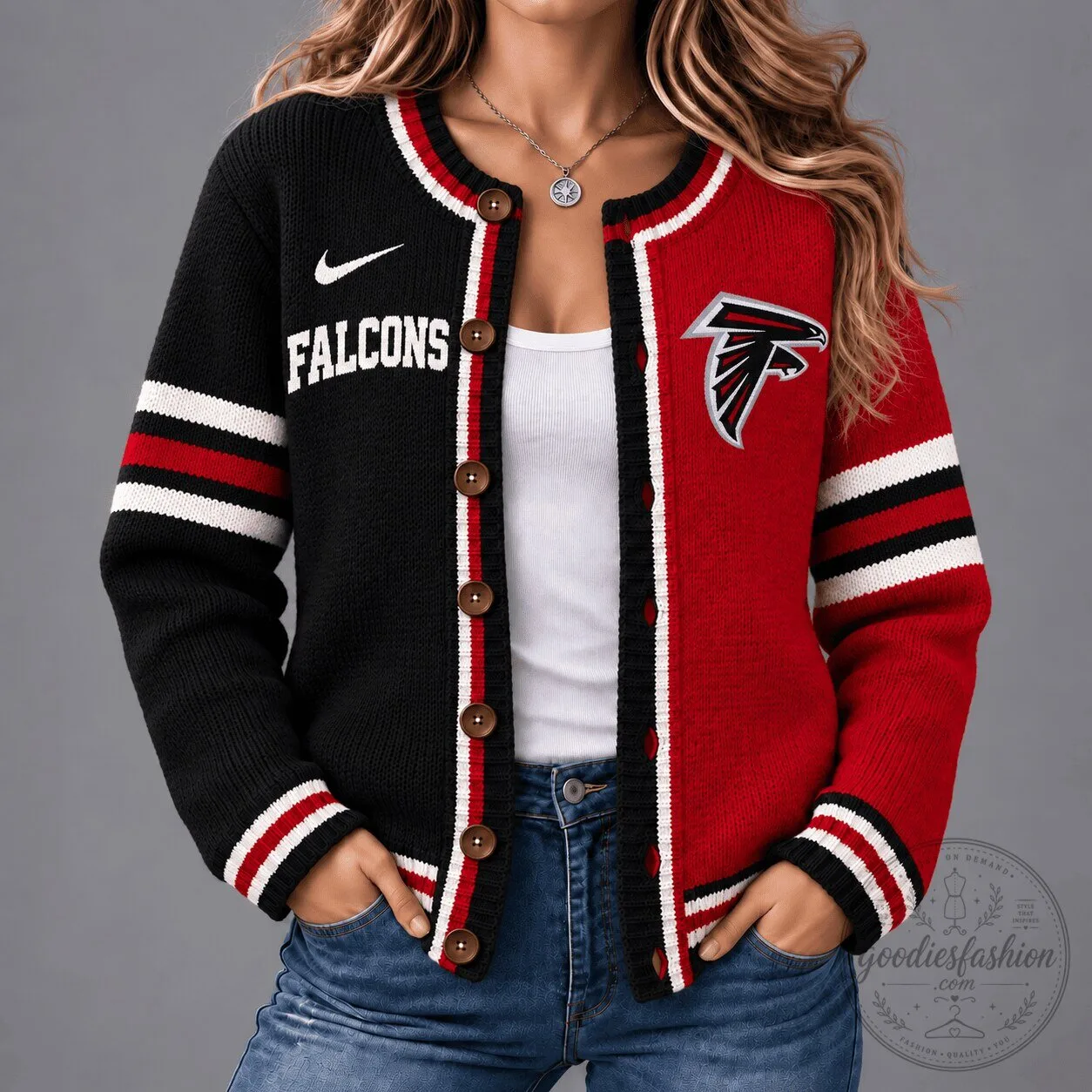 Atlanta Falcons National Football League Red Black Split Cardigan Sweater
