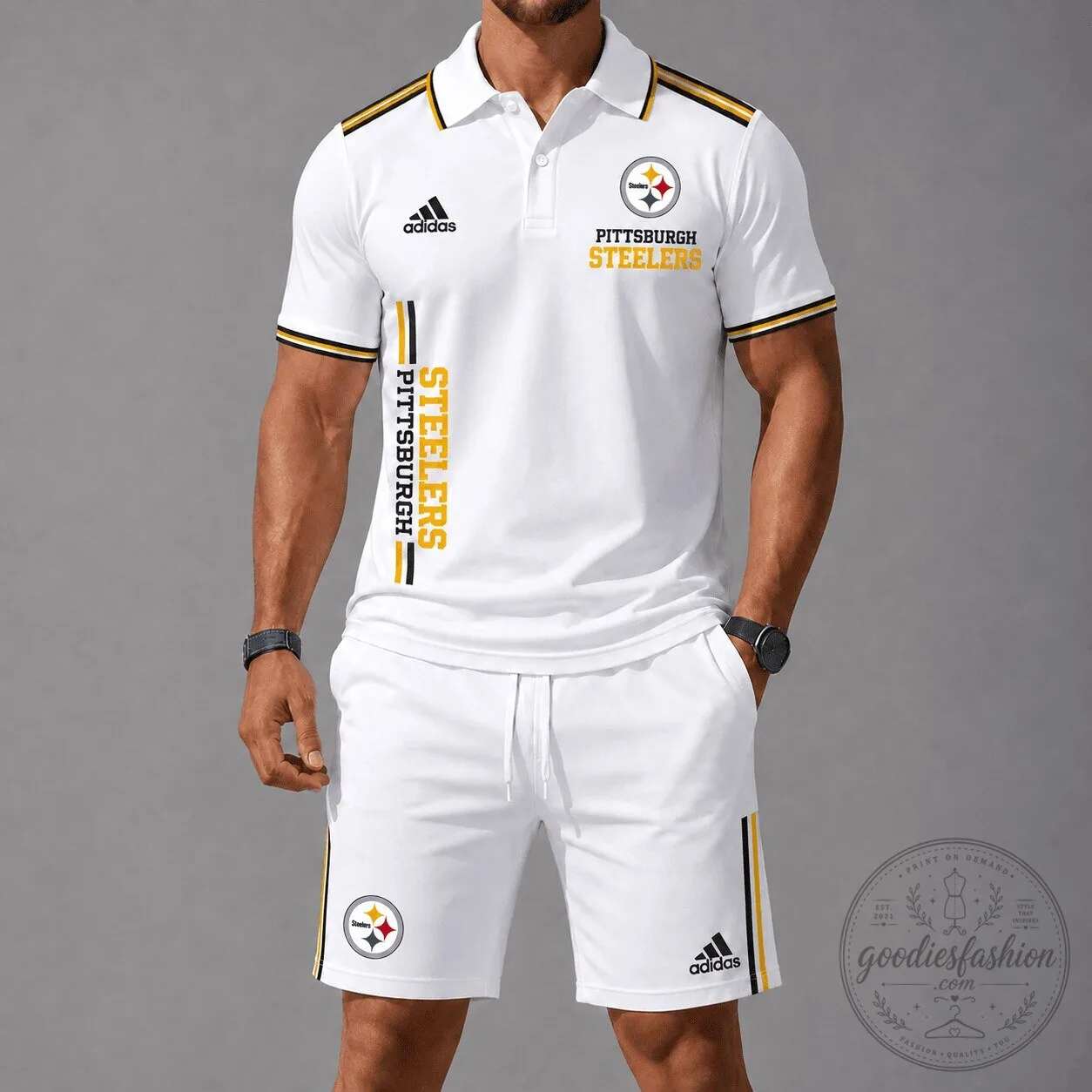 Pittsburgh Steelers Adidas White Polo Shirt and Shorts Set