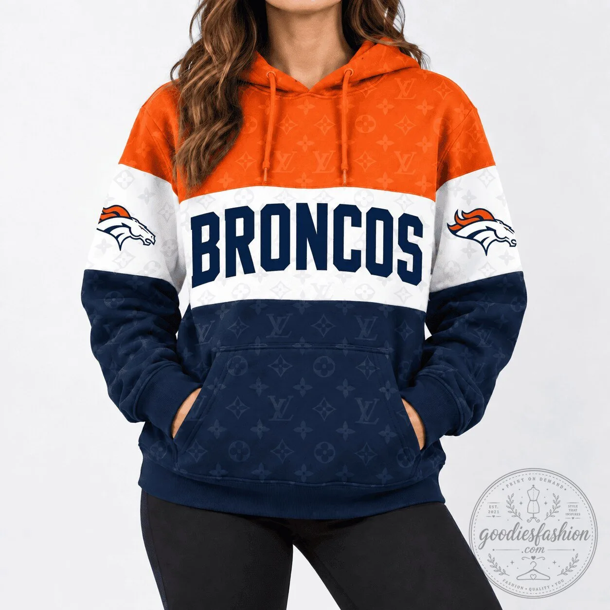 Denver Broncos Football Team Monogrammed Orange Blue White Striped Hoodie