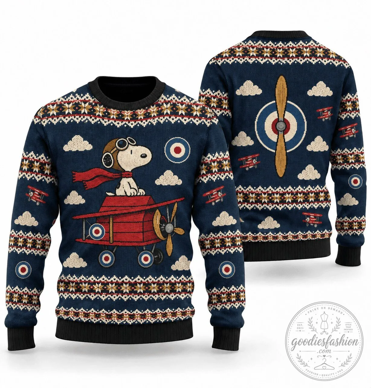Snoopy Red Baron Dogfight Ugly Christmas Sweater Holiday Crewneck Sweatshirt