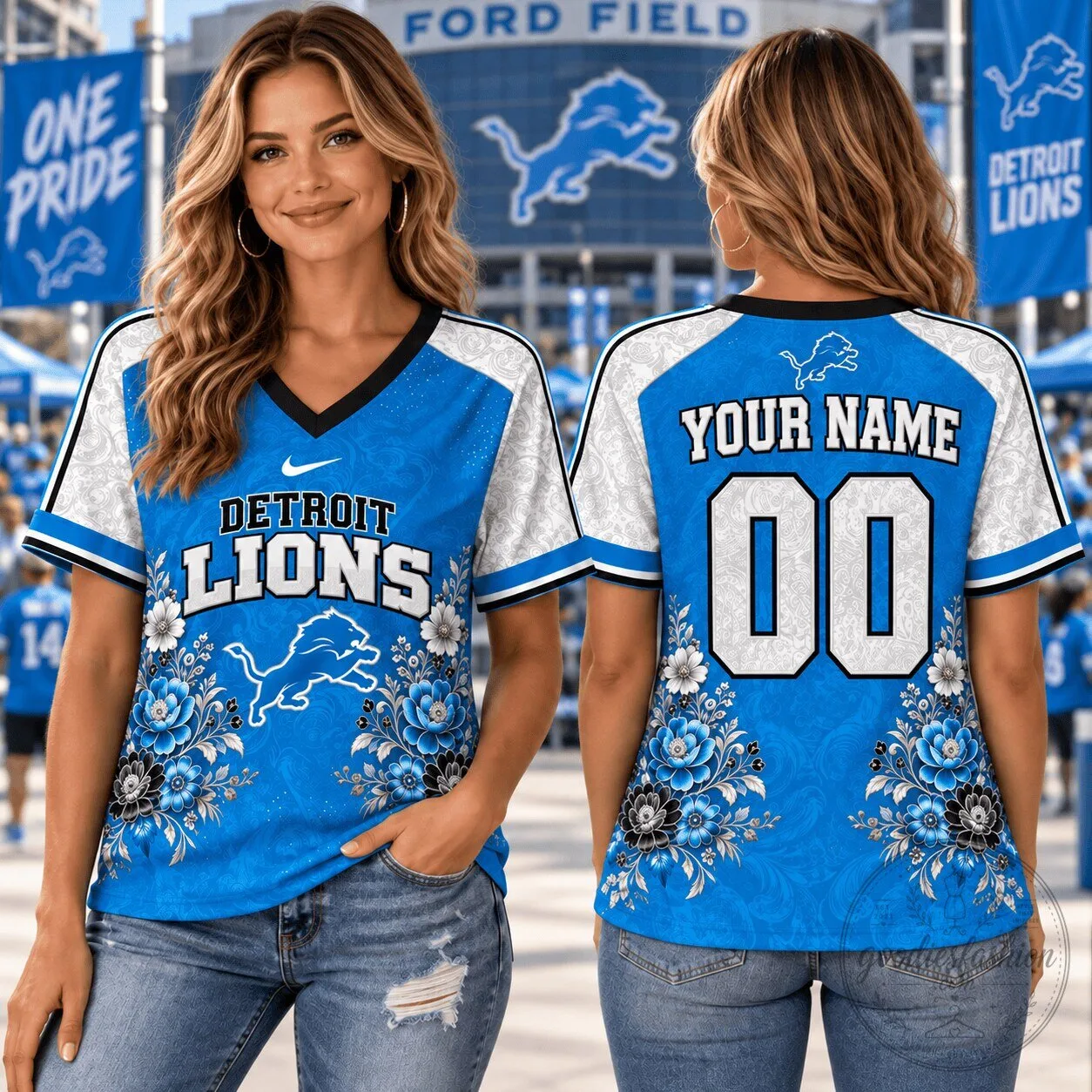 Detroit Lions Fan Personalized Floral V-Neck T-Shirt for Women