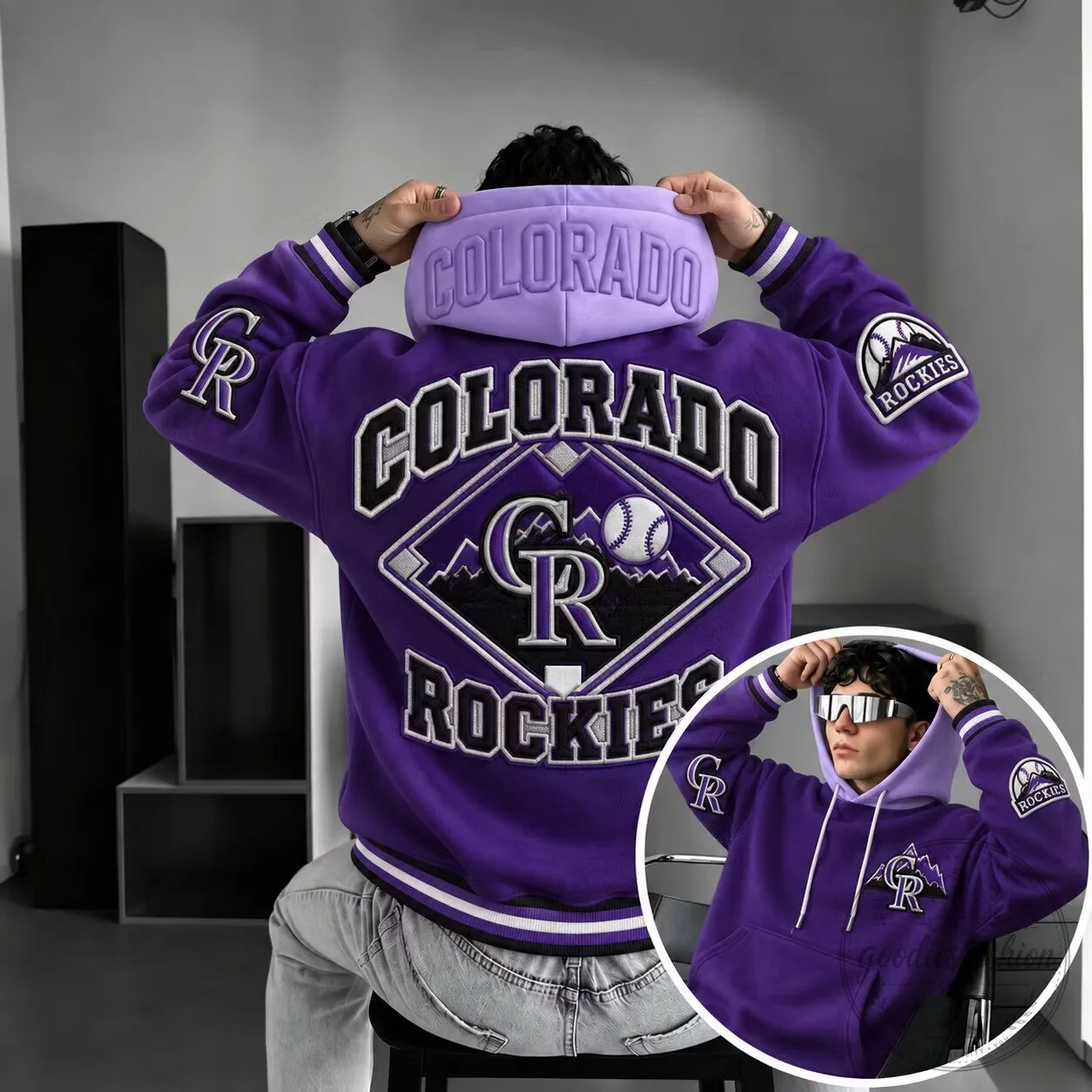 Colorado Rockies Baseball Team Purple Embroidered Oversized Hoodie