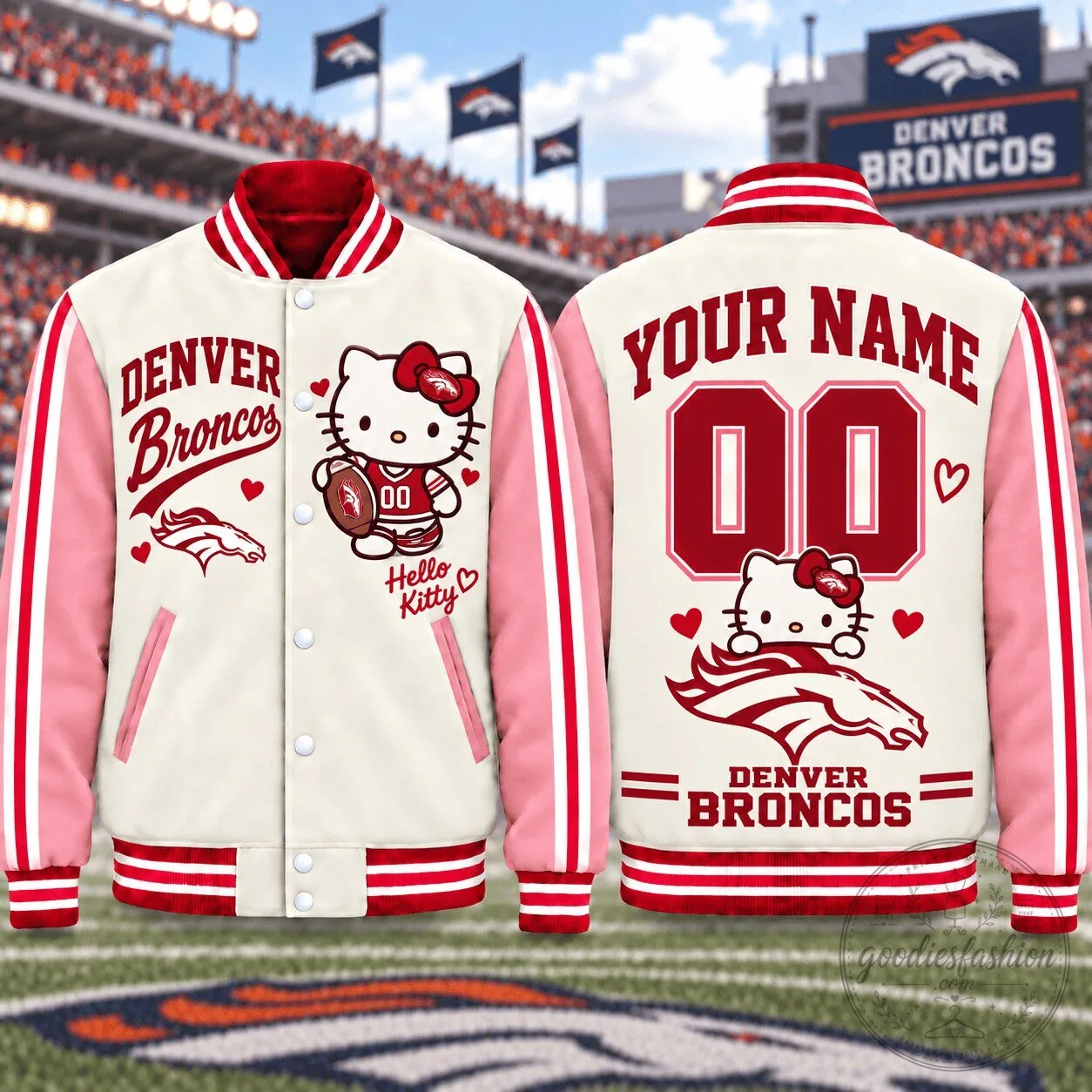 Denver Broncos Hello Kitty Personalized Name and Number Baseball Jacket
