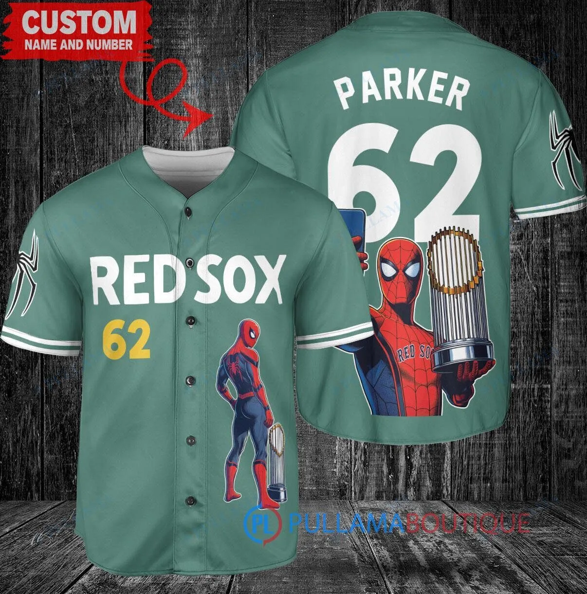 Red Sox Baseball Spider-Man World Series Trophy Custom Green Baseball Jersey