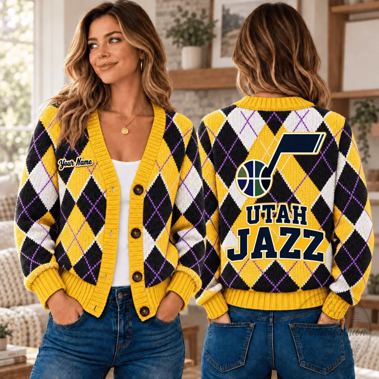 Utah Jazz NBA Argyle Custom Name Cardigan Sweater