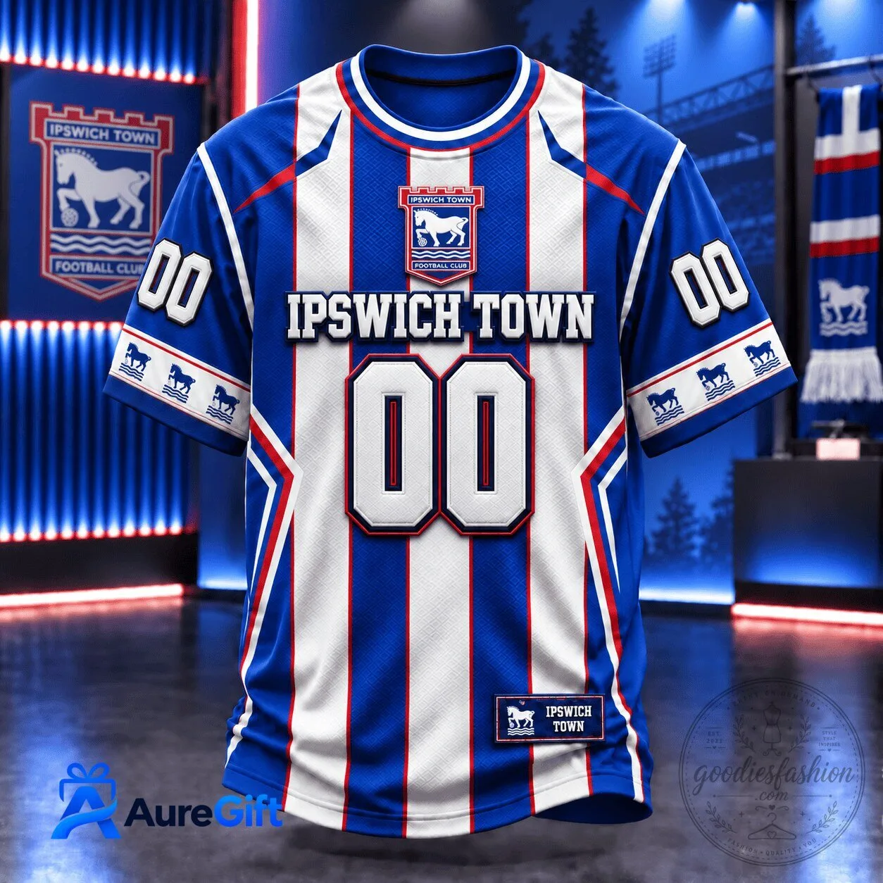 Ipswich Town Football Club Blue and White Striped Personalized Jersey