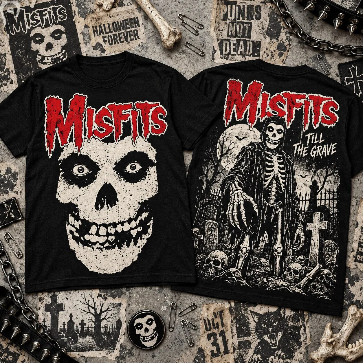 Misfits Horror Punk Skull Halloween Black Graphic T-Shirt