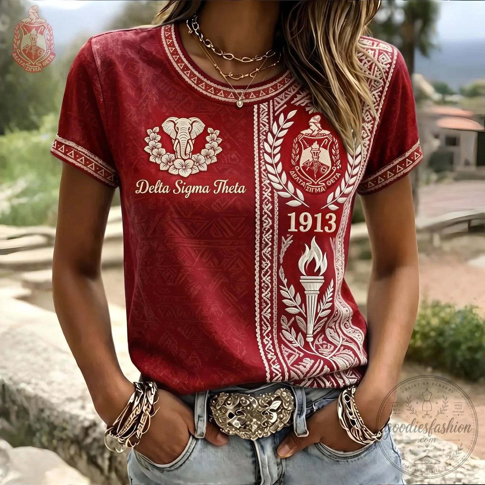 Delta Sigma Theta Sorority Elephant Torch 1913 Red and White T-Shirt