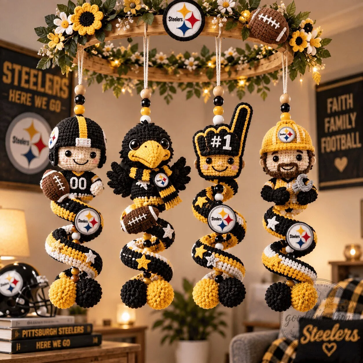 Pittsburgh Steelers Football Crochet Wind Chime Mobile Ornament
