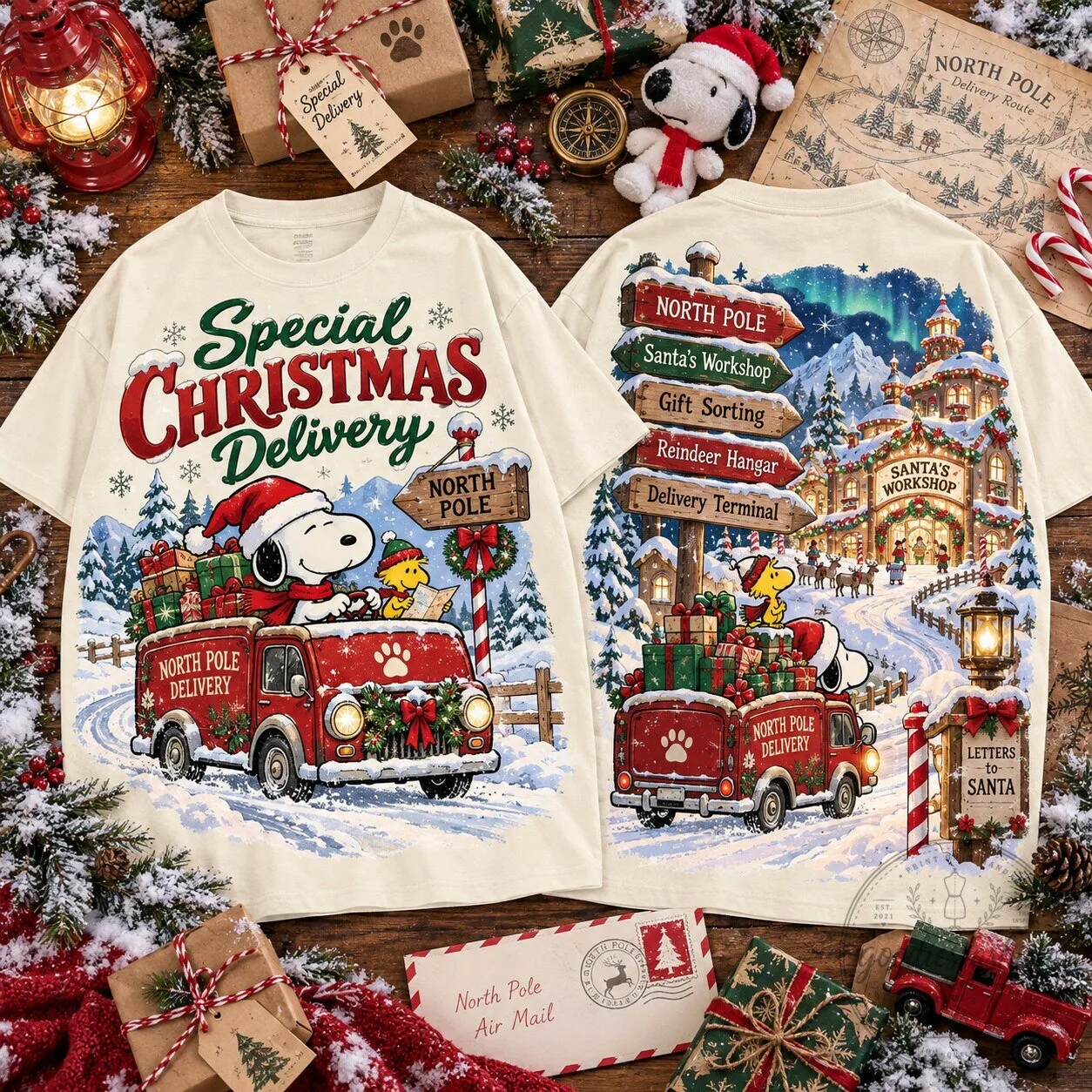 Snoopy Special Christmas Delivery North Pole Cream T-Shirt