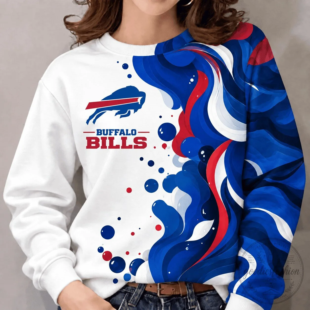Buffalo Bills National Football League Team Logo White and Blue Swirl Sweatshirt