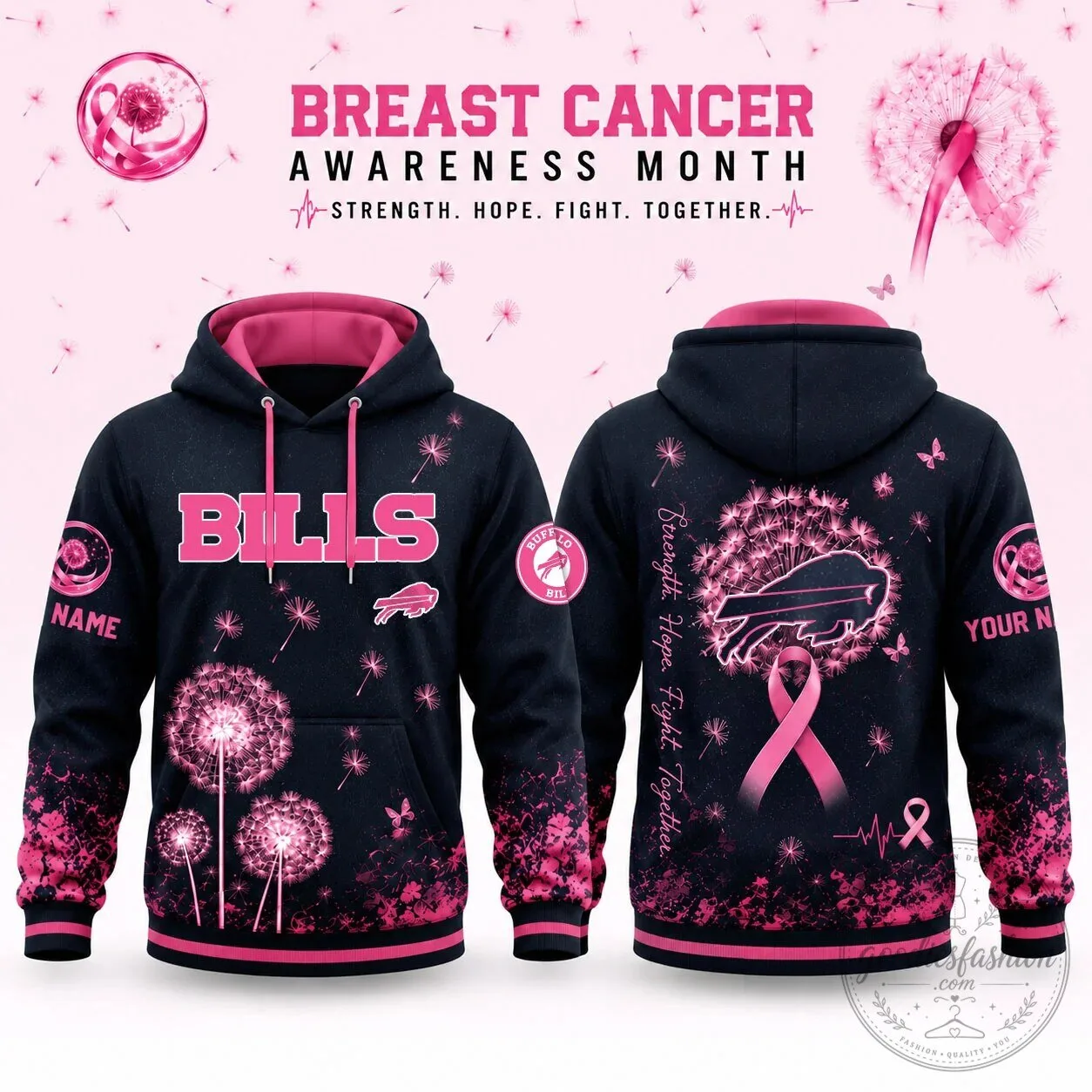 Buffalo Bills Breast Cancer Awareness Dandelion Strength Hope Fight Hoodie
