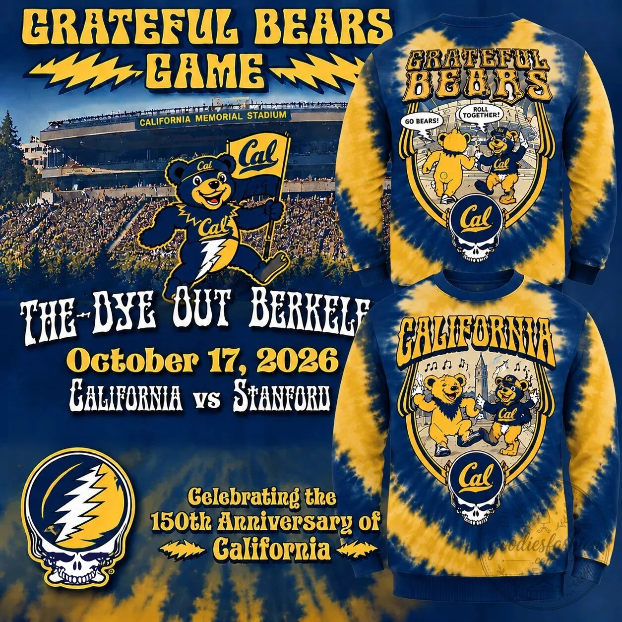 Grateful Dead California Golden Bears Tie-Dye Crewneck Sweatshirt