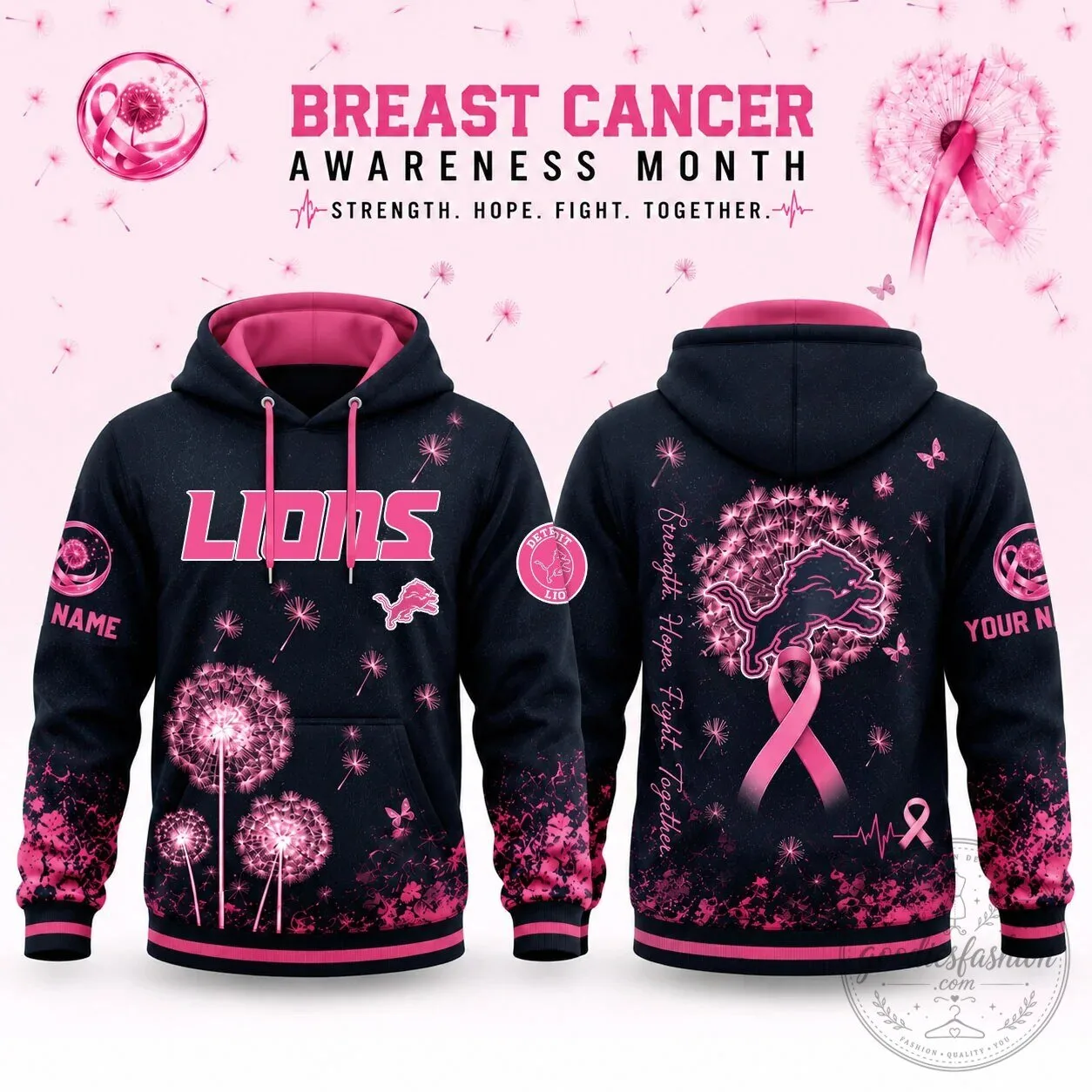 Detroit Lions Breast Cancer Awareness Dandelion Strength Hope Fight Hoodie