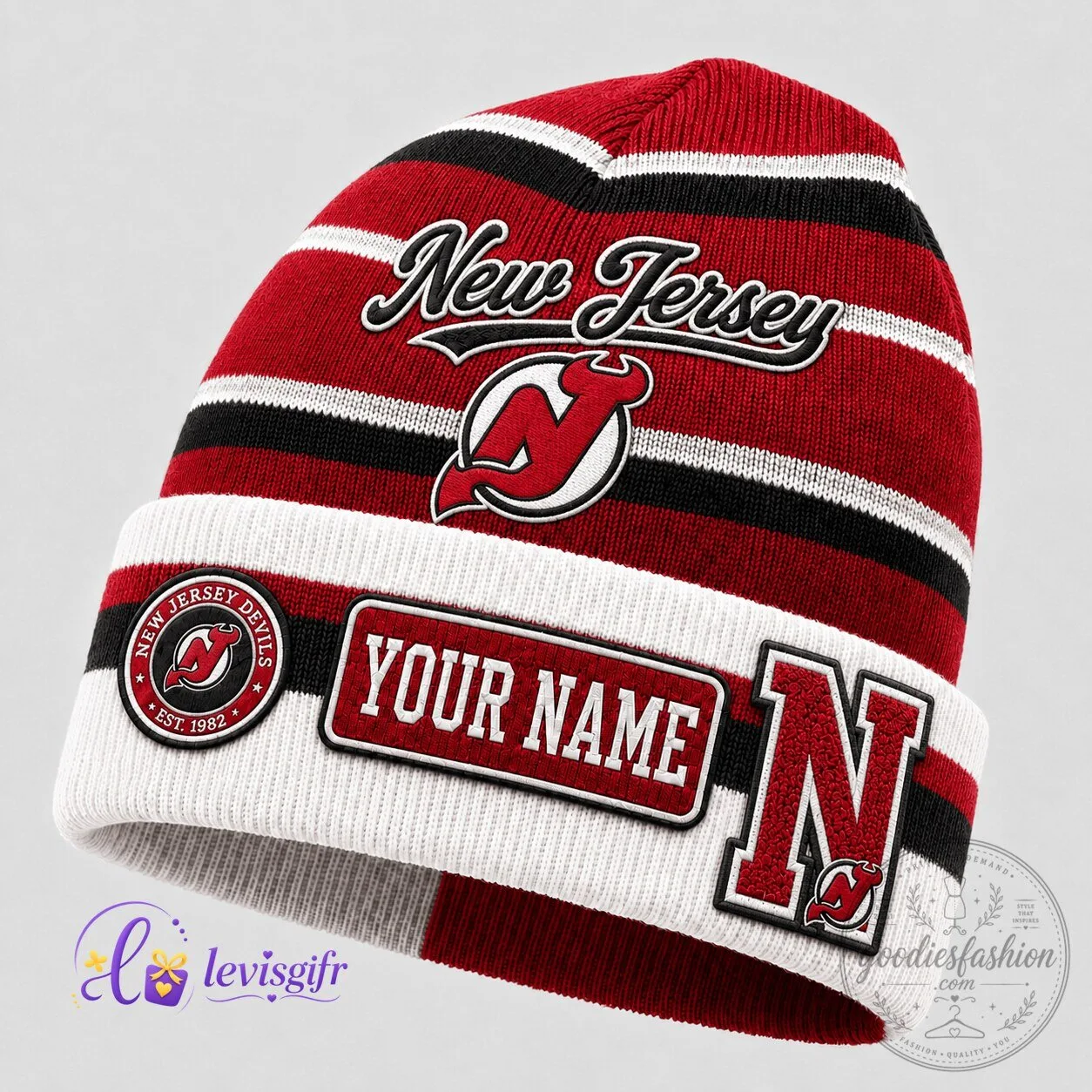 New Jersey Devils Personalized Red and White Striped Beanie Cap Hat 2 New Jersey Devils Personalized Red and White Striped Beanie Cap Hat