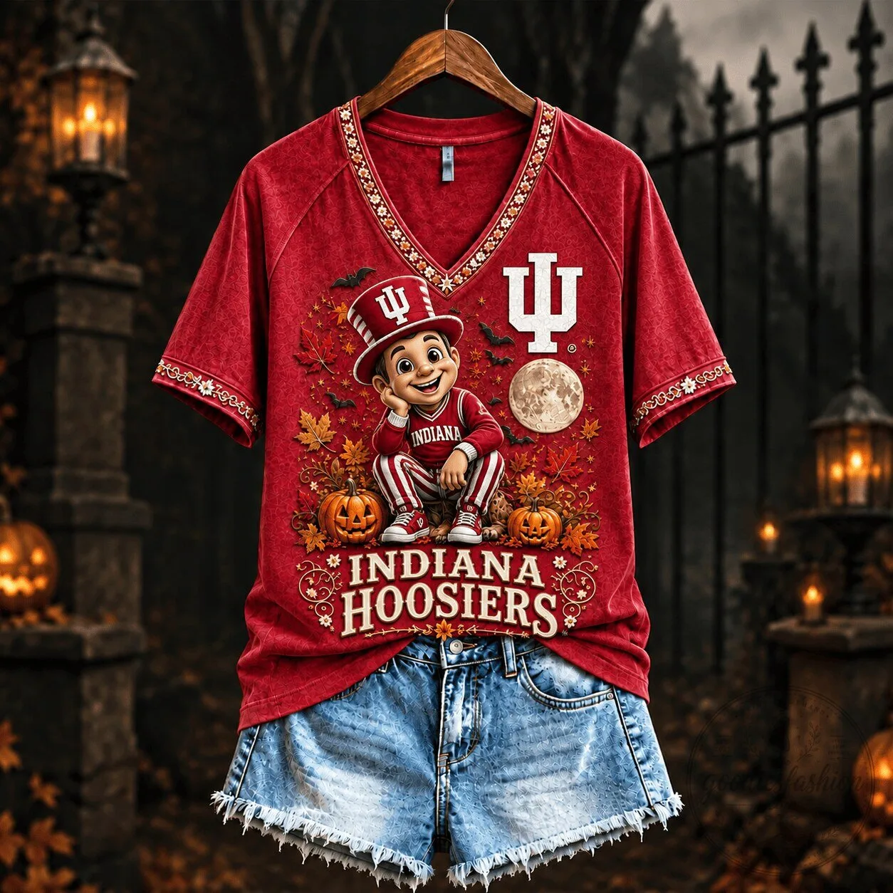 Indiana Hoosiers Spooky Season Mascot V-Neck T-Shirt