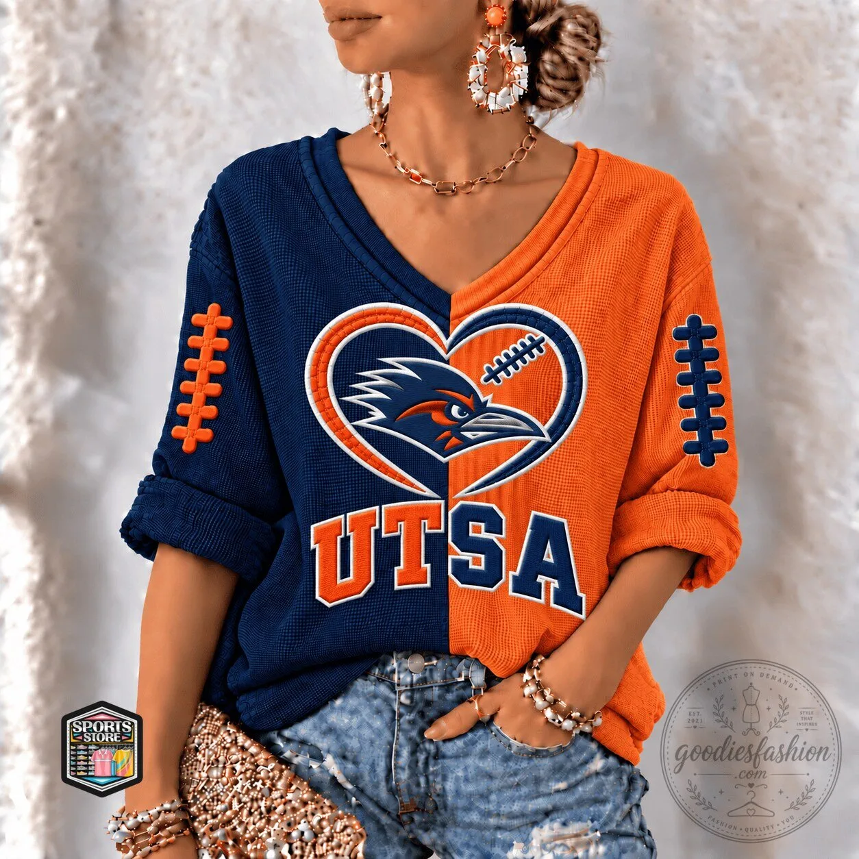 UTSA Roadrunners Football Team Logo Heart Split Color Long Sleeve Shirt