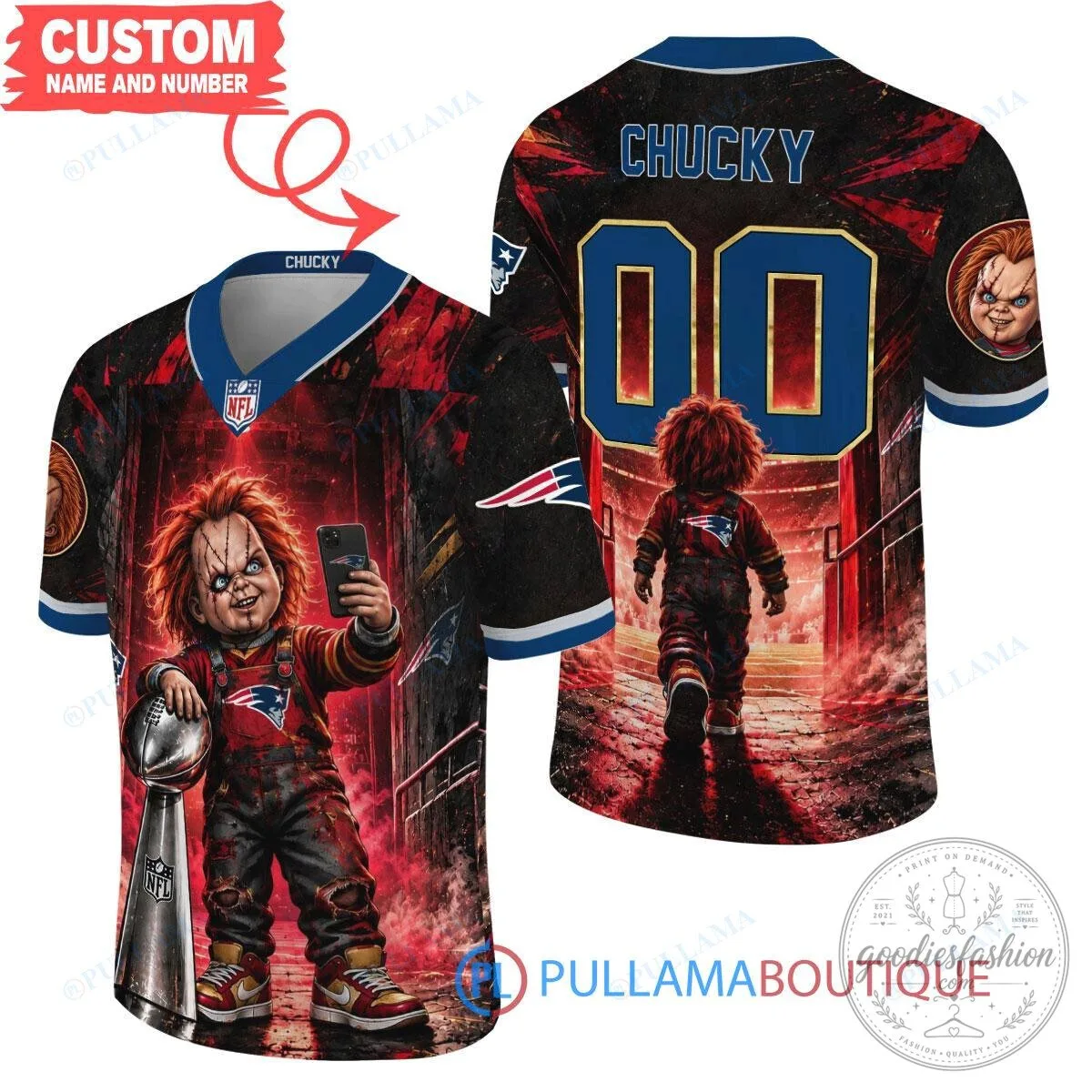 Chucky Child's Play New England Patriots Super Bowl Horror Tunnel Spotlight Football Jersey