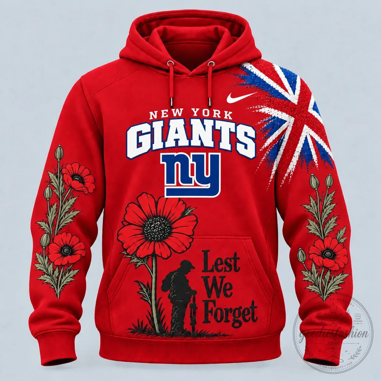 New York Giants Lest We Forget Poppy Flower Red Hoodie