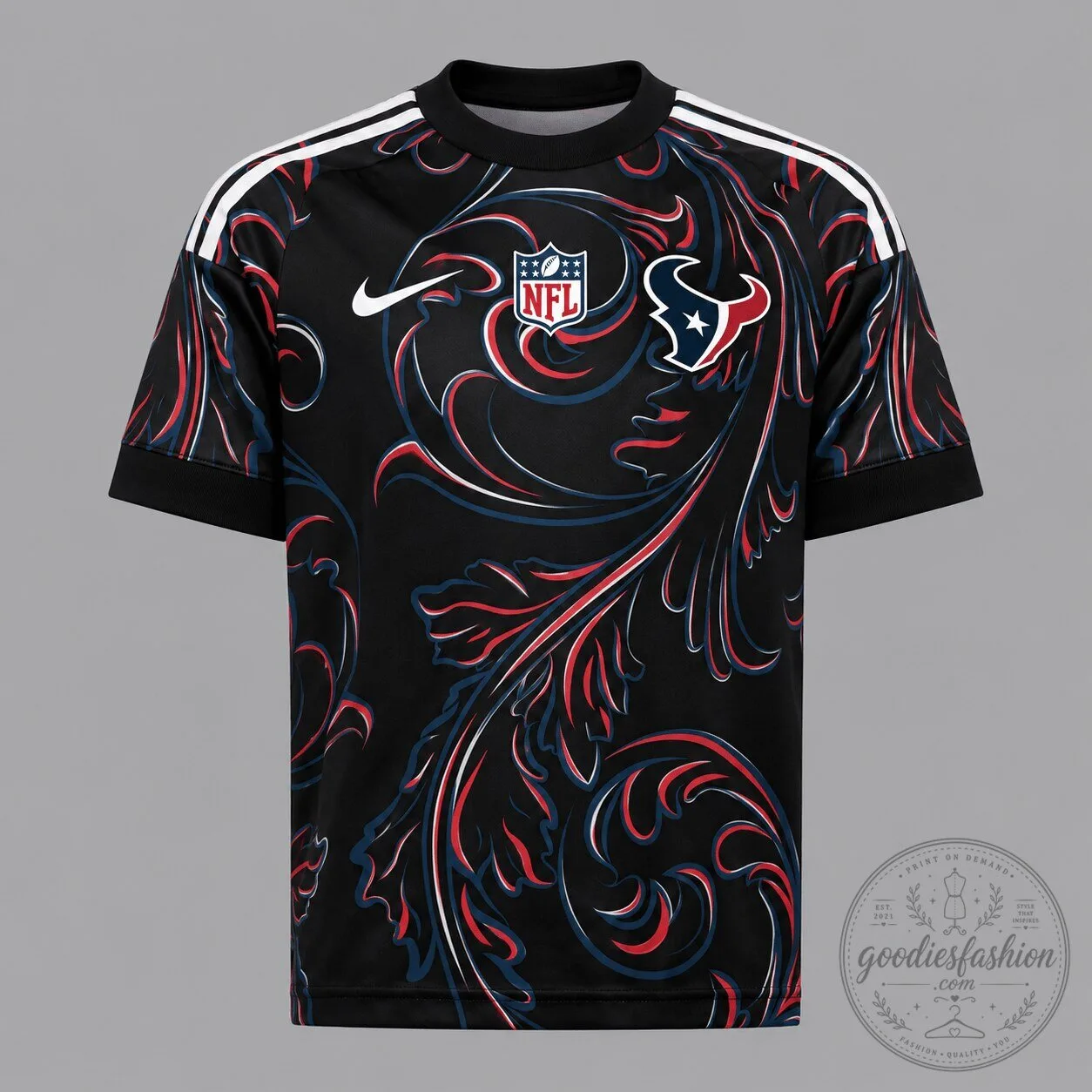 Houston Texans NFL All Over Print Black Red Blue Swirl Pattern Short Sleeve T-Shirt