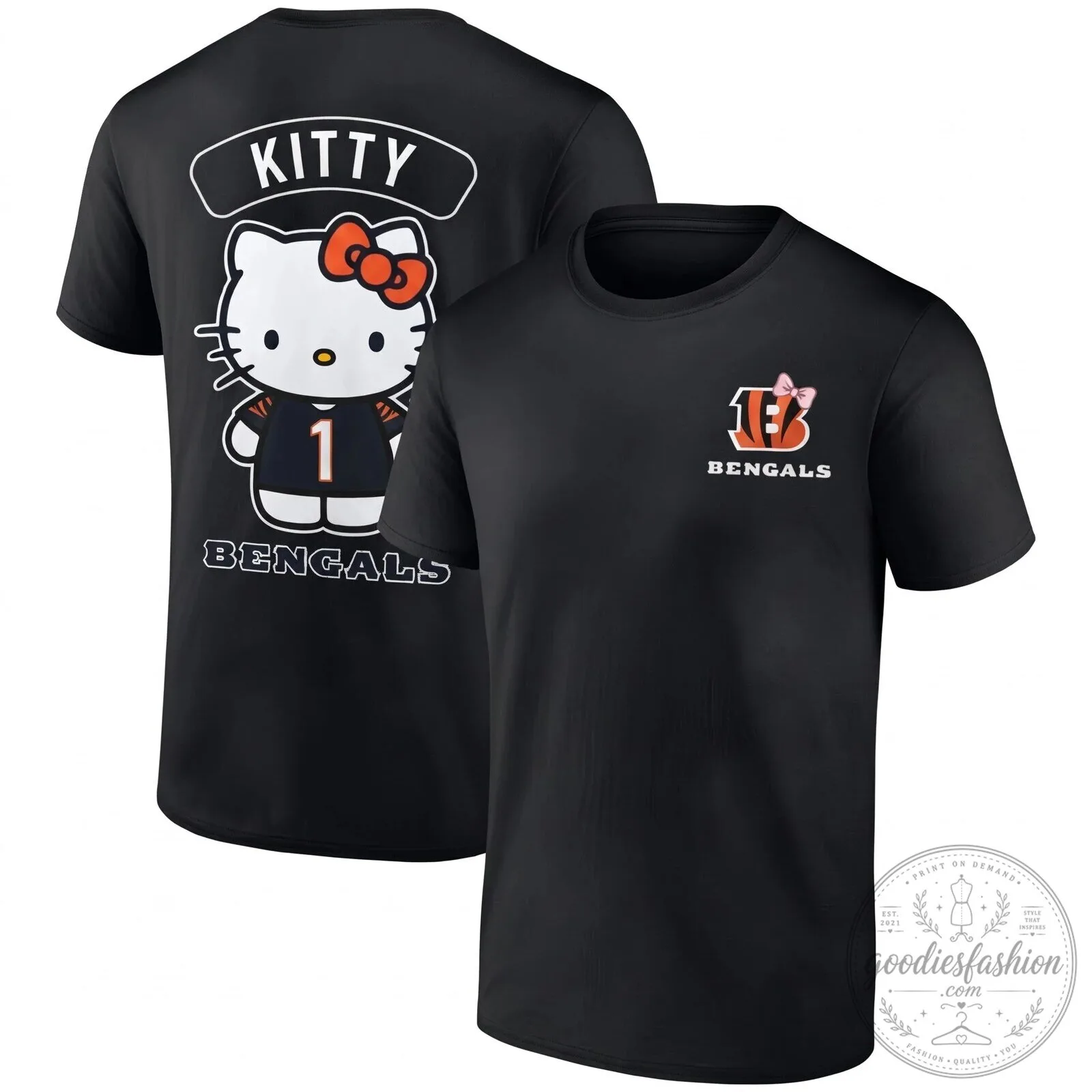 Black Graphic T-Shirt featuring Cincinnati Bengals Hello Kitty Football Team