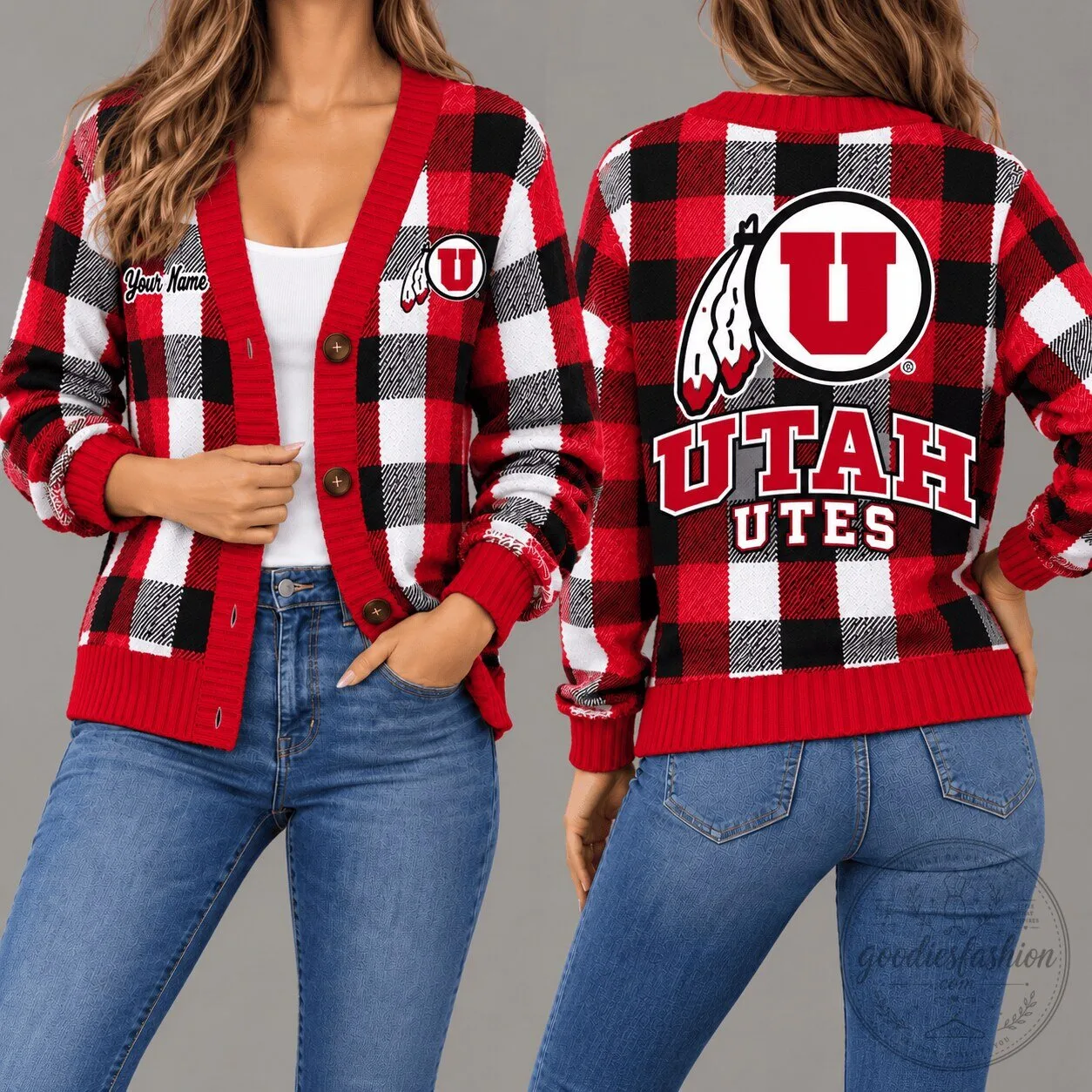 Utah Utes Plaid Pattern Button Up Cardigan Sweater